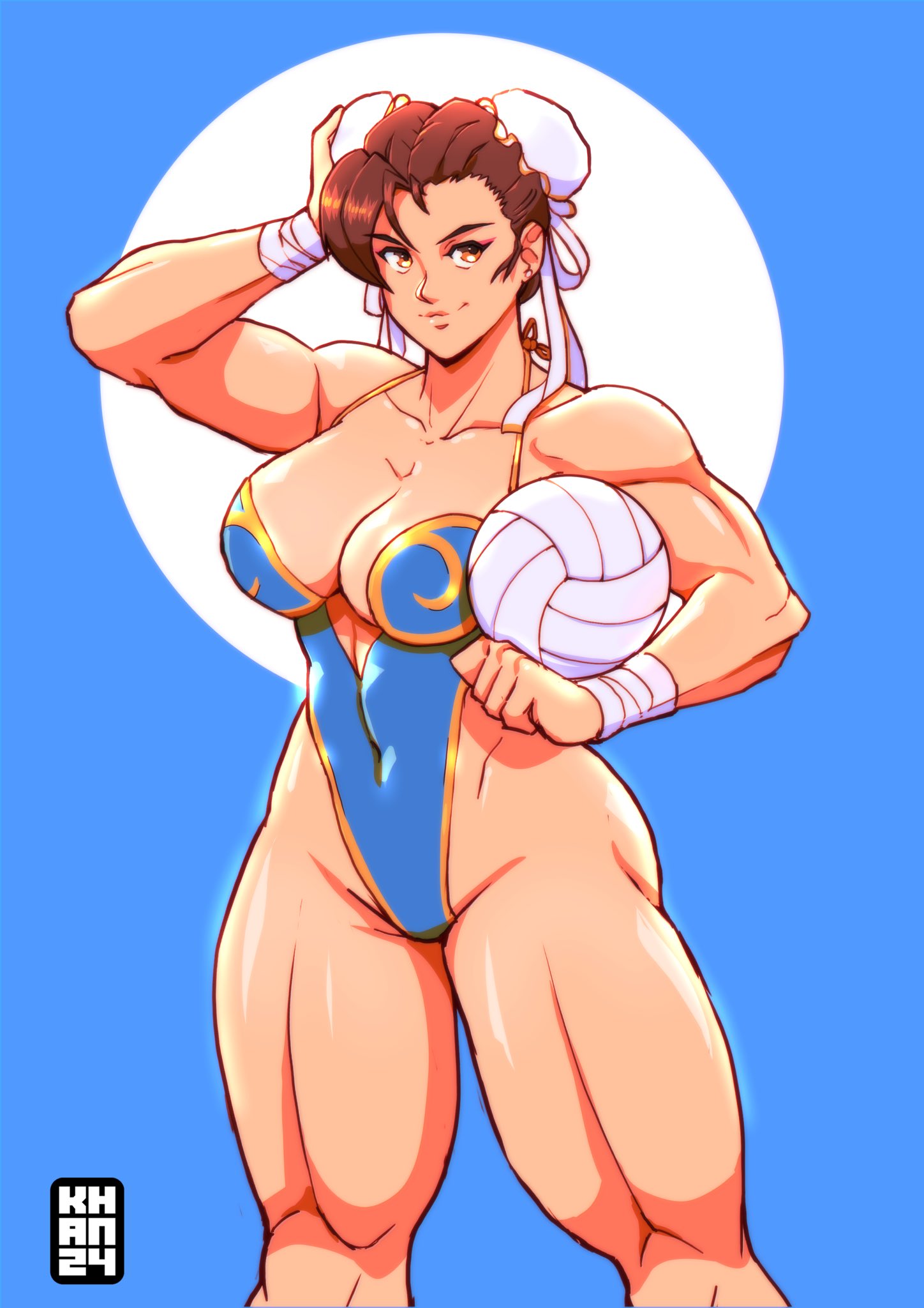 1girls artist_logo big_breasts brown_eyes brown_hair busty capcom chun-li cleavage hair_buns light-skinned_female light_skin muscular muscular_arms muscular_female muscular_thighs one-piece_swimsuit street_fighter swimsuit thighs volleyball yungkhan