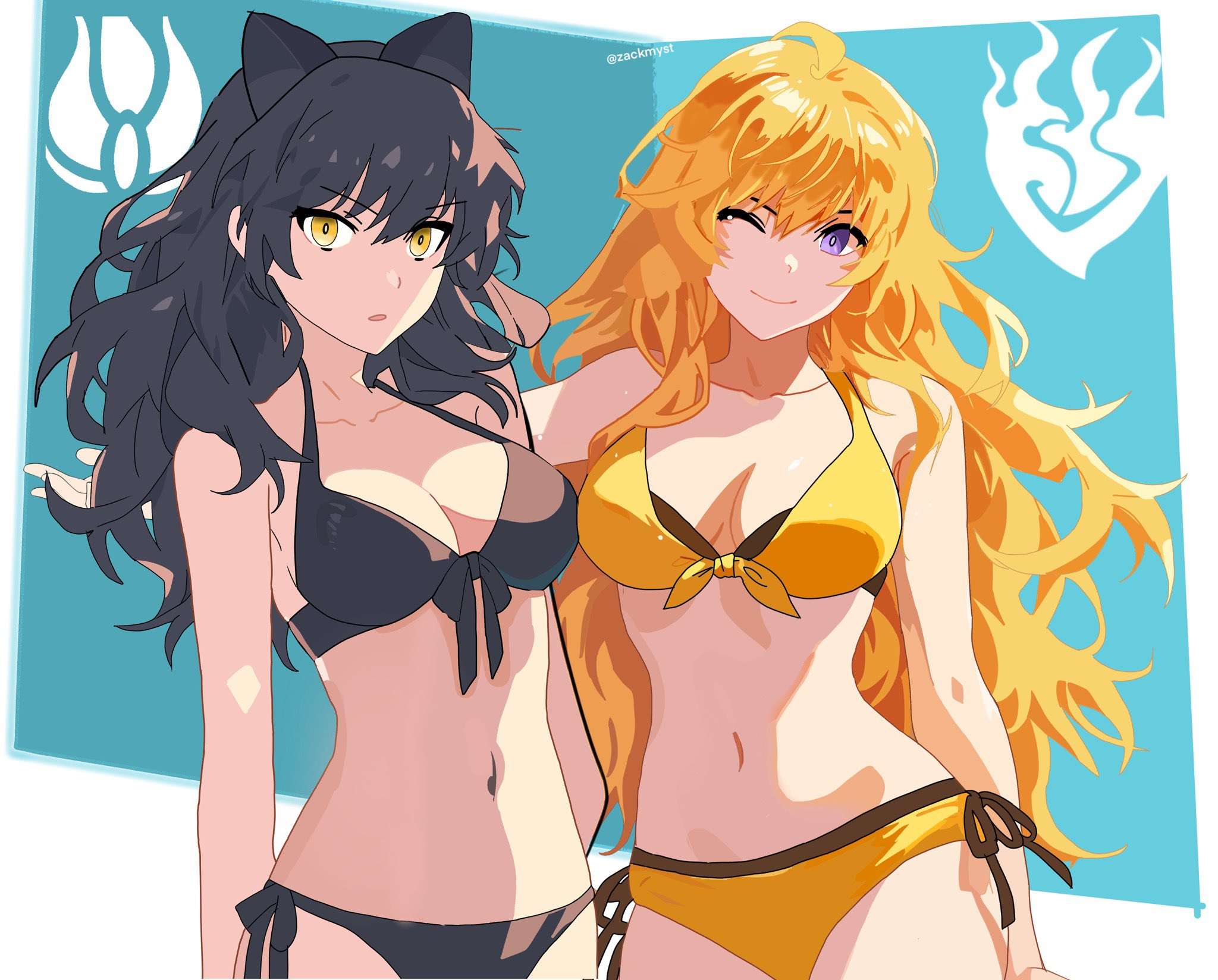 2girls, bikini, bikini bottom, bikini top, black hair, black-haired female, blake belladonna, blonde female, blonde hair, bow, canon couple, color, female, purple eyes, rwby, winking, yang xiao long, yellow eyes, zackmyst