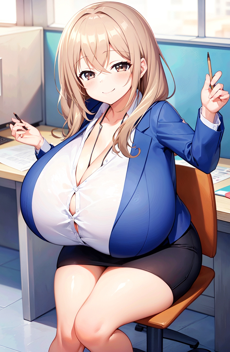 ai_generated beige_hair breasts_bigger_than_head brown_eyes gigantic_breasts huge_breasts katase_shiori long_hair massive_breasts mature_female milf milkersenjoyer my_tiny_senpai office_lady seductive_eyes seductive_smile shortstack thick_thighs thighs uchi_no_kaisha_no_chiisai_senpai_no_hanashi