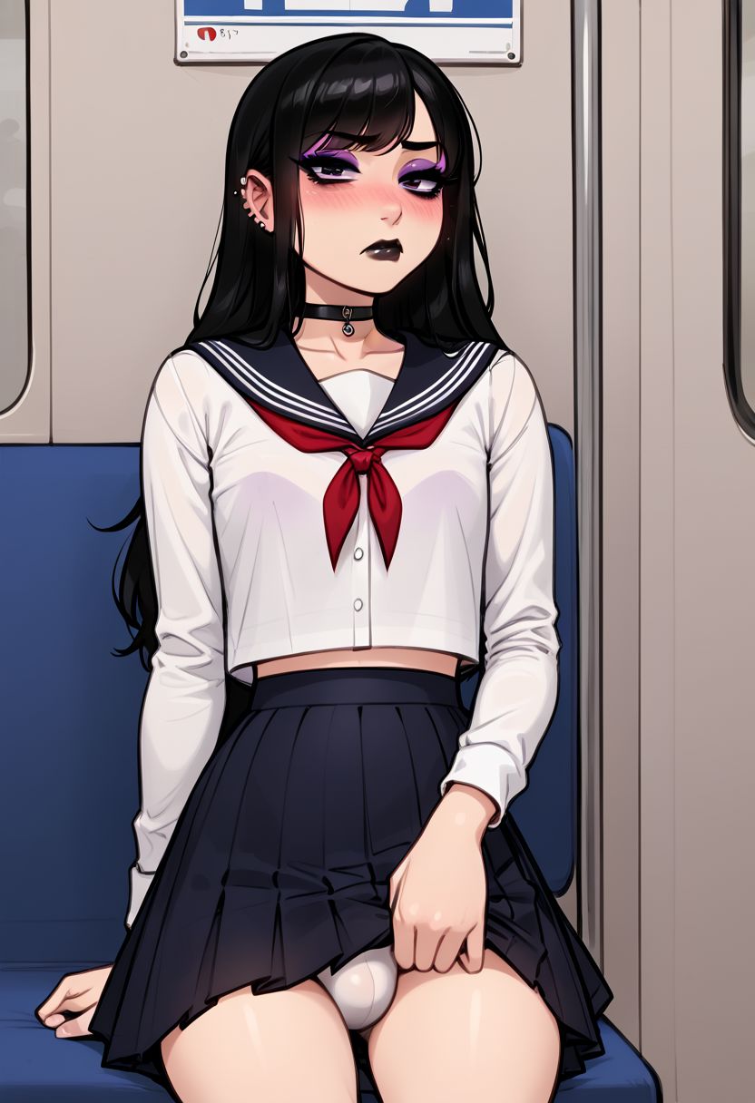 ai_generated black_lipstick bulge bulge_through_clothing choker femboy flashing_panties goth male male_only noredeemingvalue piercing purple_eyeshadow serafuku skirt_lift solo_male train white_panties