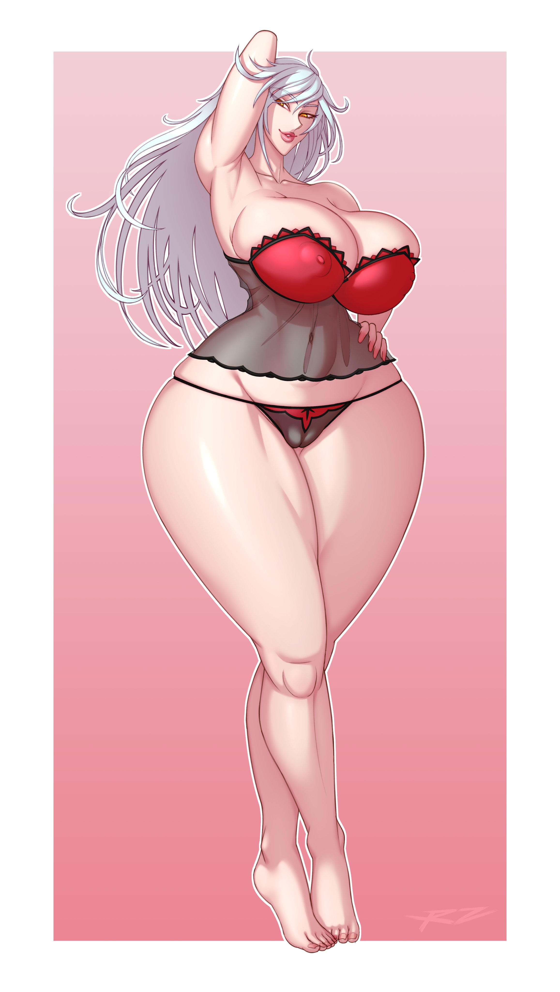 1girls, absurdres, barefoot, big breasts, breasts, feet, female, female only, highres, huge breasts, large breasts, looking at viewer, panties, pussy, raidouzero, solo, thick thighs, toes, wide hips