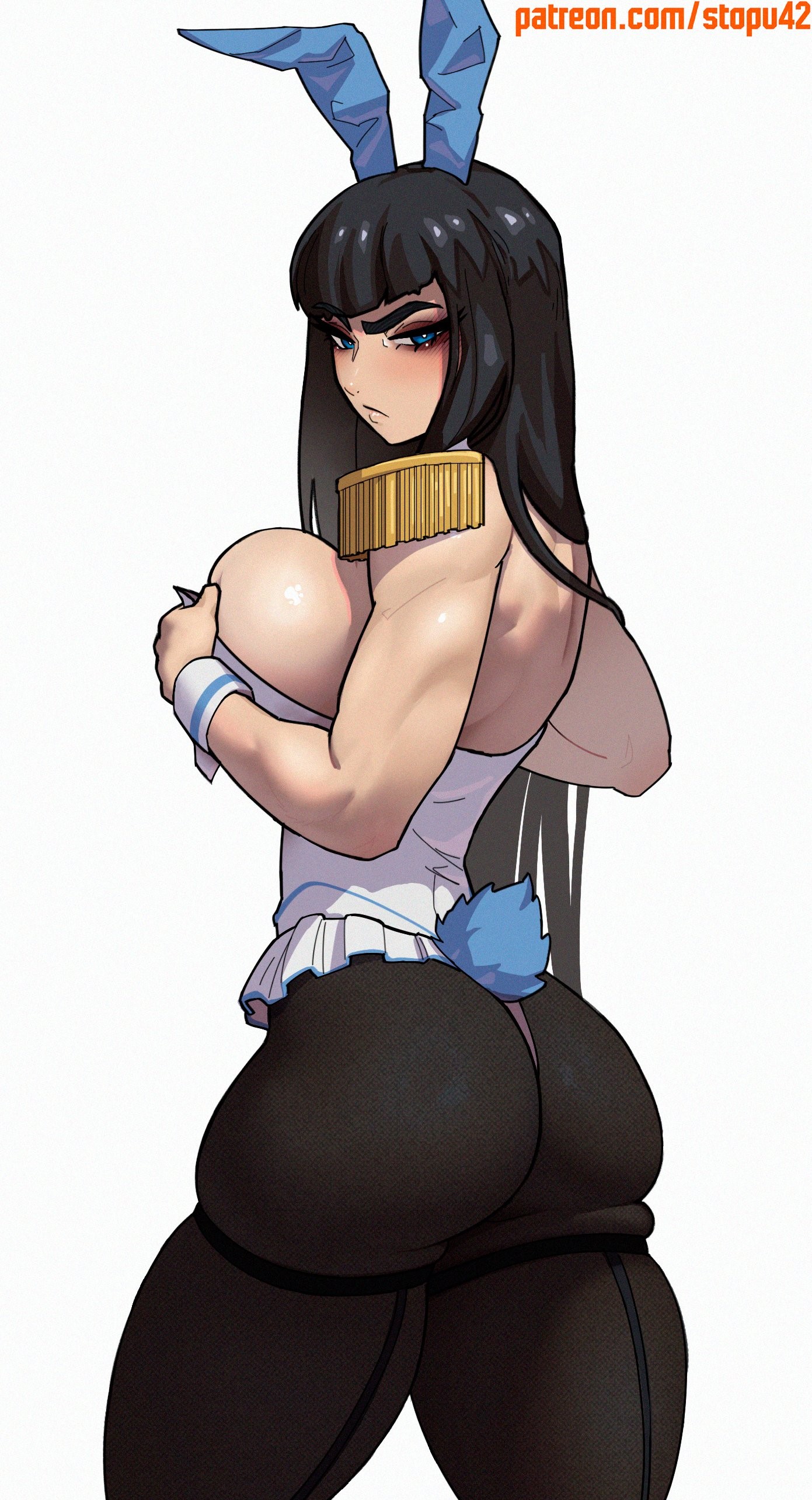 1girls, alternate costume, animal ears, ass, big ass, big breasts, big butt, black footwear, black hair, blue eyes, blunt bangs, breasts, bunny ears, bunnysuit, eyebrows, female, female only, kill la kill, kiryuuin satsuki, large breasts, leotard, long hair, looking at viewer, looking back, pantyhose, rabbit tail, sideboob, skindentation, solo, solo female, solo focus, stopu, thick eyebrows, thick thighs, thighs, wrist cuffs