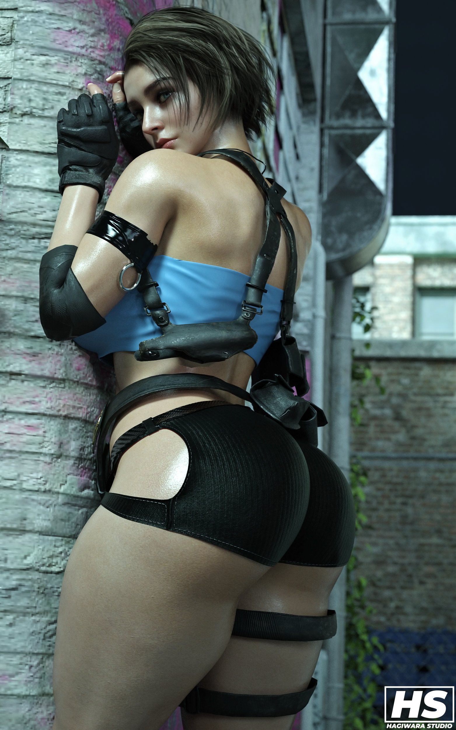 1girls, 3d, ass, big ass, big breasts, blue eyes, booty shorts, breasts, brown hair, capcom, curvaceous, female, female only, gun, hagiwara studio, jill valentine, jill valentine (sasha zotova), large breasts, resident evil, resident evil 3, resident evil 3 remake, short shorts, shorts, solo, tagme, thick thighs, tubetop