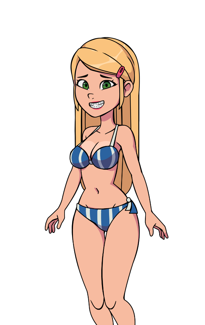 1girls adonis_belt alpha_channel bikini blonde_hair blue_bikini bra braces breasts camp_pinewood camp_pinewood_remix cleavage collarbone eyebrows eyelashes female for_sticker_use game_cg green_eyes hairpin large_breasts lipstick long_hair looking_at_viewer melinda_(vaultman) navel original_character panties pink_lipstick png side-tie_panties smile sticker_template striped_bra striped_panties stripes teeth thighs transparent_background transparent_png vaultman wide_hips