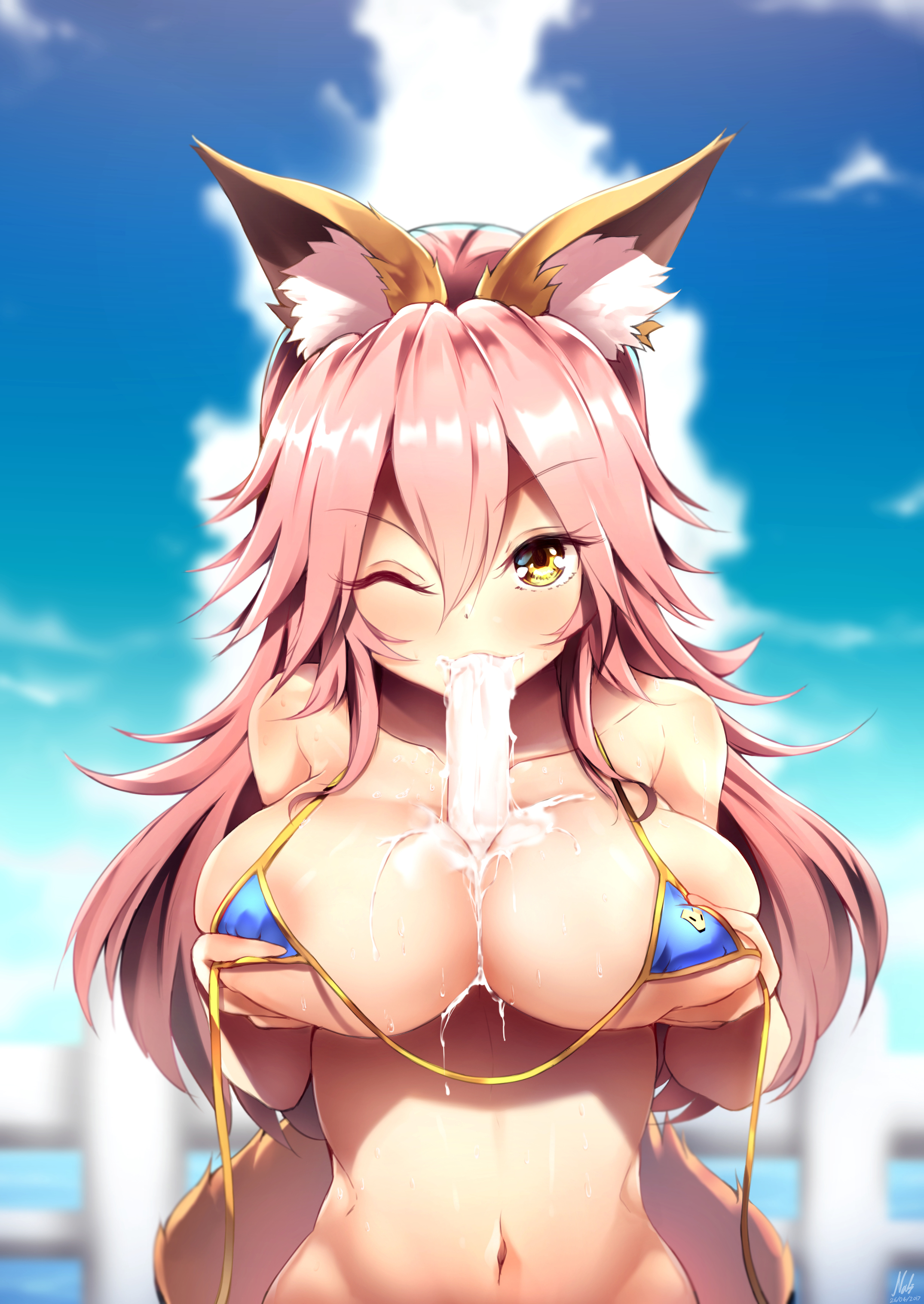 between breasts, bikini, breast hold, breasts, fate (series), fate/grand order, female, female only, fox ears, large breasts, navel, pink hair, popsicle, popsicle between breasts, solo, sucking, suggestive food, tamamo no mae (fate), untied bikini, wink, yellow eyes