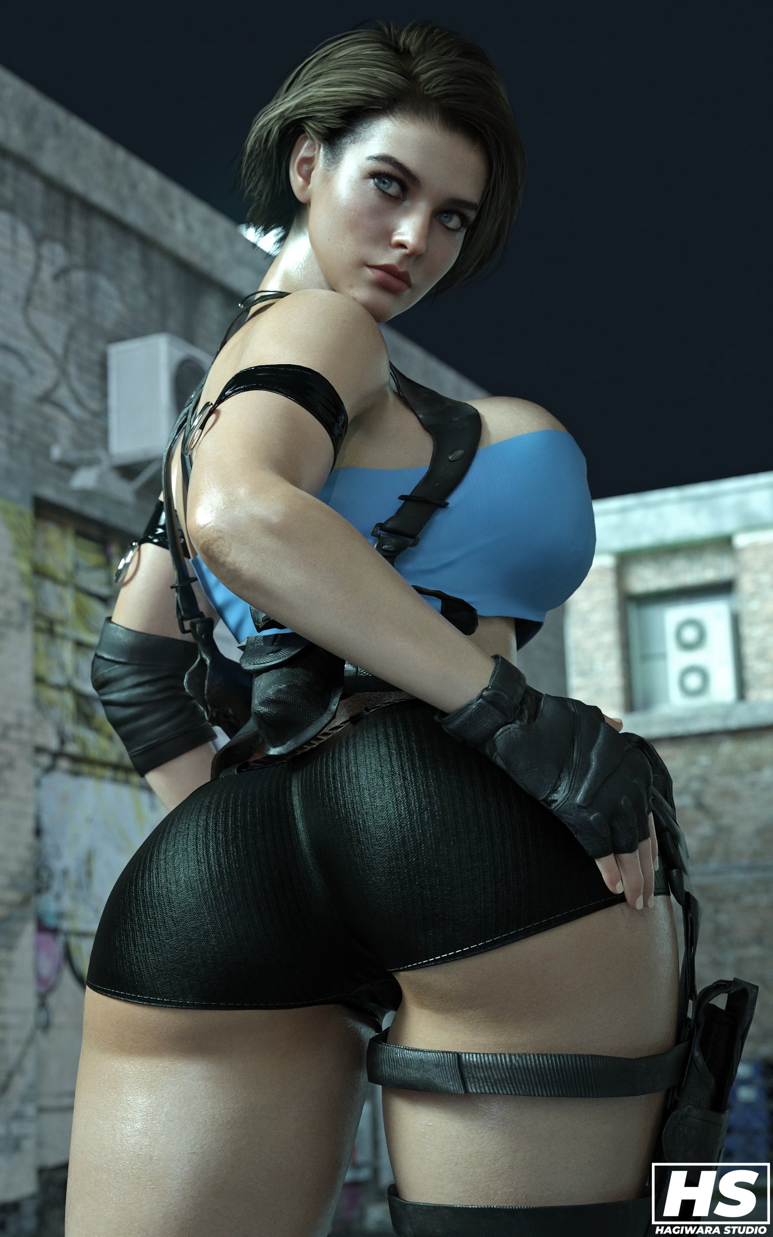 1girls, 3d, ass, big ass, big breasts, blue eyes, booty shorts, breasts, brown hair, capcom, curvaceous, female, female only, gun, hagiwara studio, jill valentine, jill valentine (sasha zotova), large breasts, resident evil, resident evil 3, resident evil 3 remake, short shorts, shorts, solo, tagme, thick thighs, tubetop