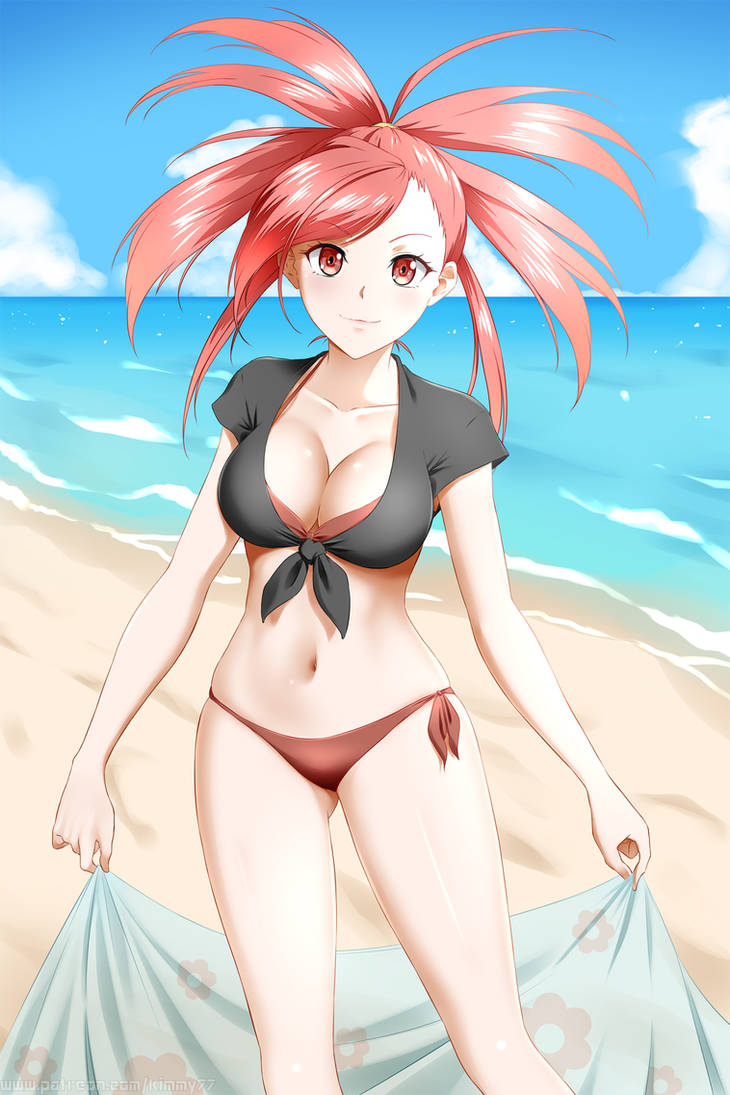 1girls beach flannery_(pokemon) kimmy77 large_breasts pokemon red_bikini red_hair