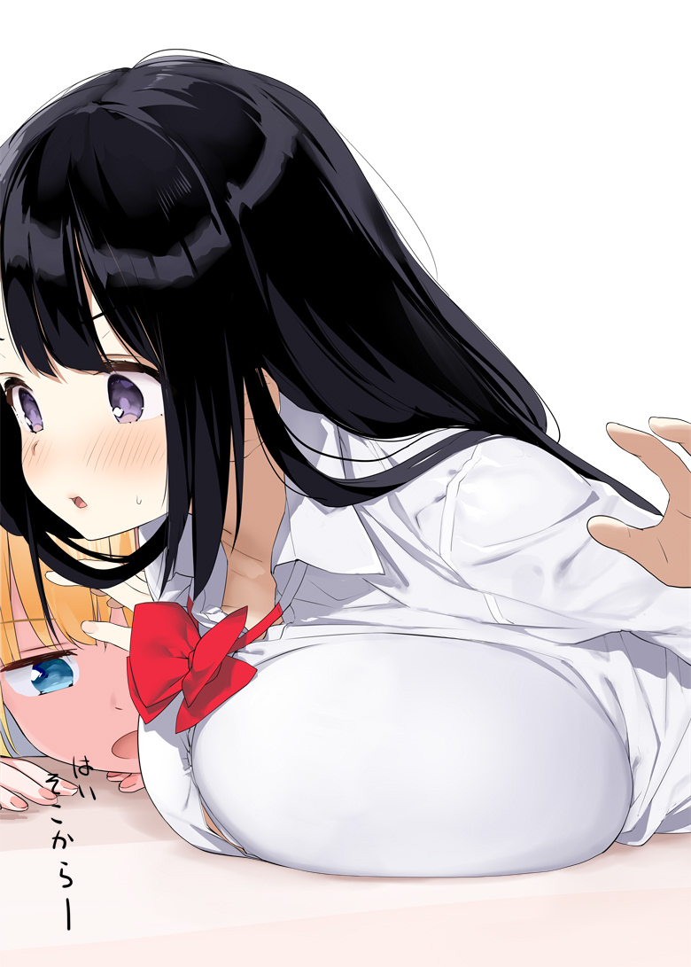 2020 2girls black_hair blonde_hair blue_eyes blush bow bowtie breast_press breasts dress_shirt female female_only highres huge_breasts japanese_text kaisen_chuui long_hair long_sleeves looking_at_breasts multiple_girls open_mouth original purple_eyes red_bow red_neckwear school_uniform shirt simple_background sweatdrop text translated white_background