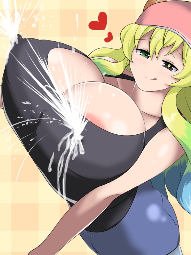 1girls, areola slip, black shirt, blonde hair, blue hair, breasts, clavicle, cleavage, erect nipples, erect nipples under clothes, eyebrows visible through hair, female, female only, gradient hair, green hair, hat, heart, huge breasts, lactation, lactation through clothes, long hair, looking at viewer, milk, miss kobayashi's dragon maid, multicolored eyes, multicolored hair, nipple bulge, nipples, norio (pheromosa times), quetzalcoatl (dragon maid), shirt, shorts, sleeveless, smile, solo, solo female, tongue, tongue out, yellow hair