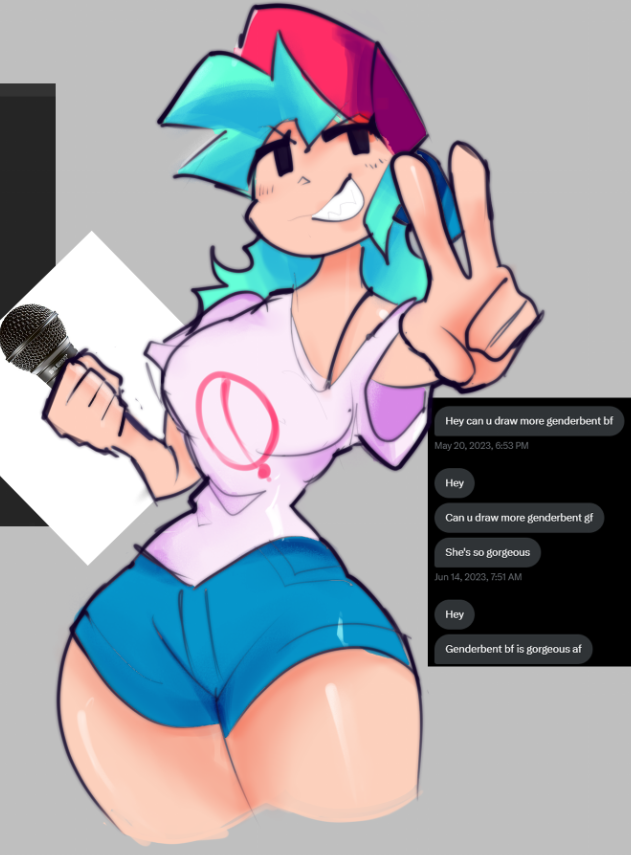 1girls black_nose blue_shorts boyfriend_(friday_night_funkin) clothed clothed_female cyan_hair female female_boyfriend_(friday_night_funkin) female_only friday_night_funkin genderswap_(mtf) gray_background hat microphone png red_hat rule_63 smiling solo solo_female st4rcannon text thick_thighs thighs v v_sign white-skinned_male white_shirt