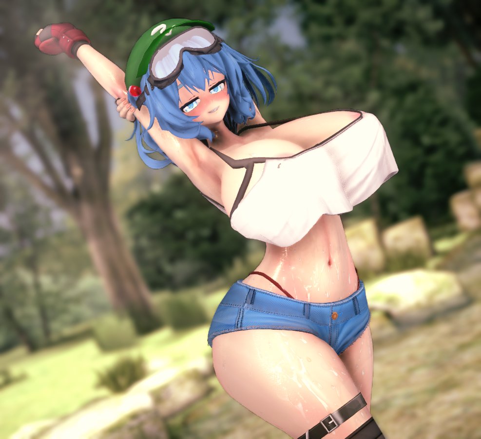 1girls 3d alternate_costume areola_slip arm_up blue_eyes blue_hair blue_shorts cleavage flat_cap goggles_on_head green_hat hair_bobbles huge_breasts kawashiro_nitori looking_at_viewer mmd mokomoko1gou navel nitori_kawashiro outdoors red_gloves solo touhou two_side_up white_tank_top