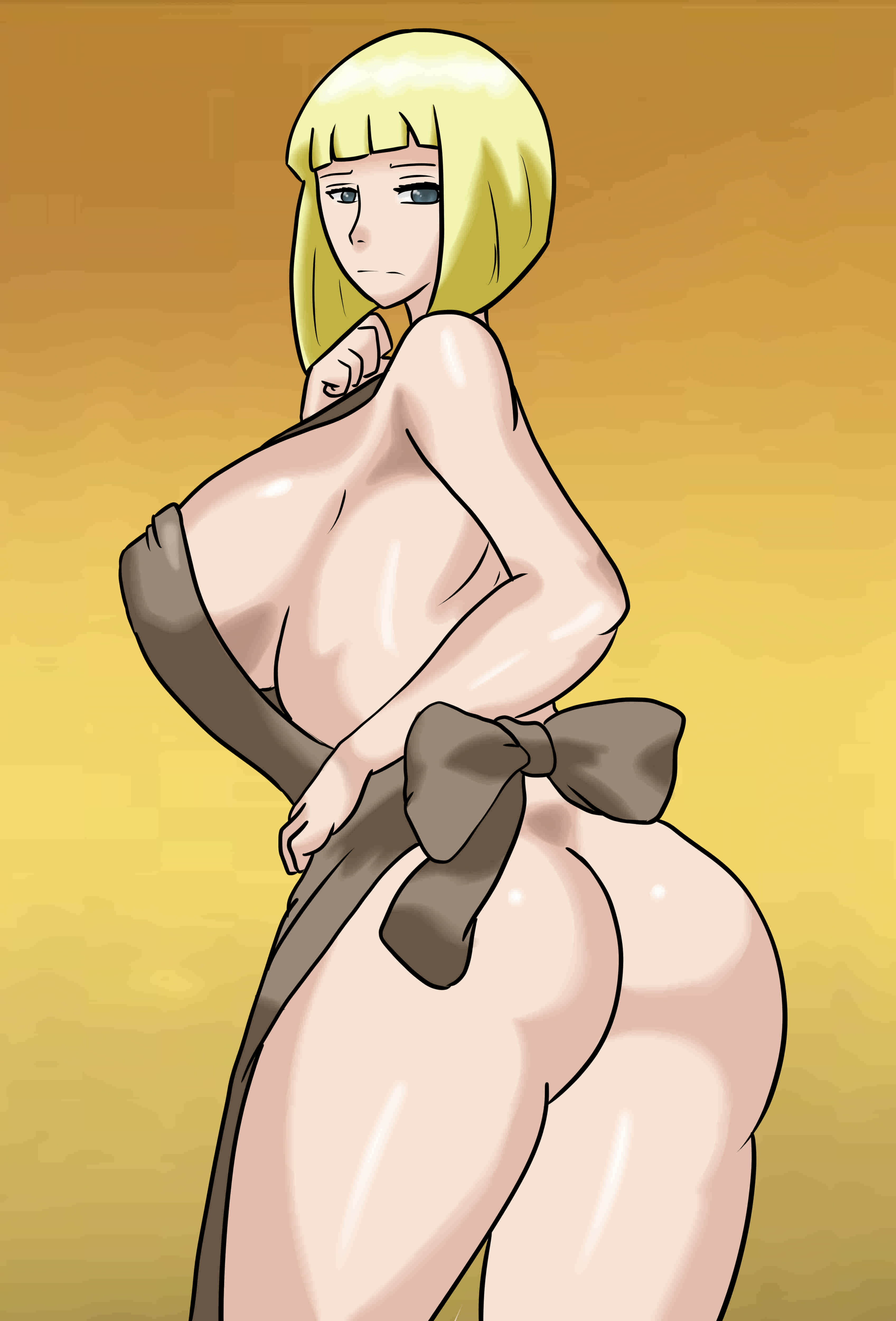 1girls, apron, ass, back view, blonde hair, blue eyes, bob cut, breasts, female, female only, huge breasts, looking at viewer, looking back, naked, naked apron, naruto, naruto (series), naruto shippuden, samui, sayuri-san, sideboob, yellow background