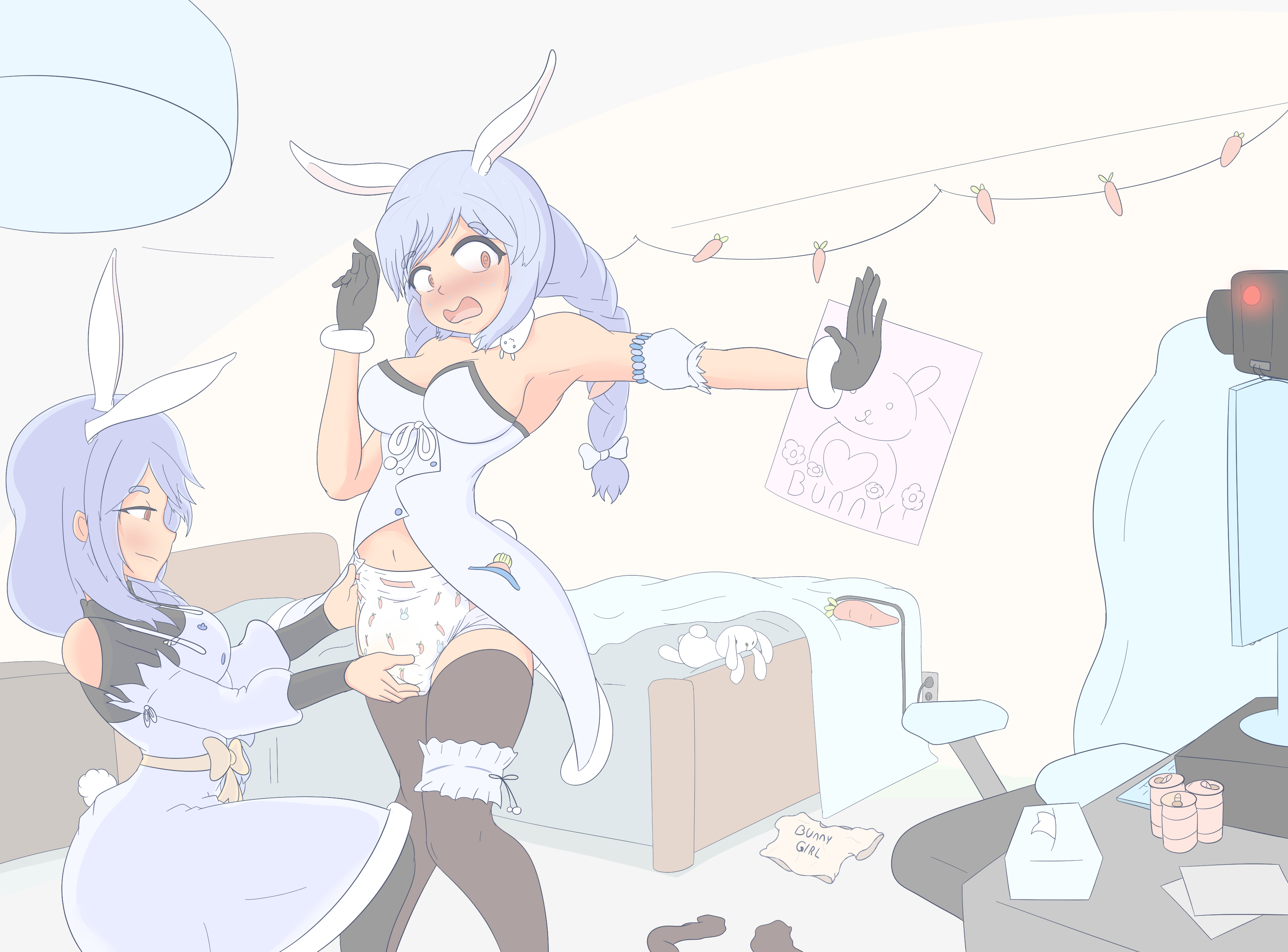 2girls, animal ears, blue hair, blush, breasts, bunny ears, classyshrimp, diaper, female, female only, hololive, usada pekora, virtual youtuber