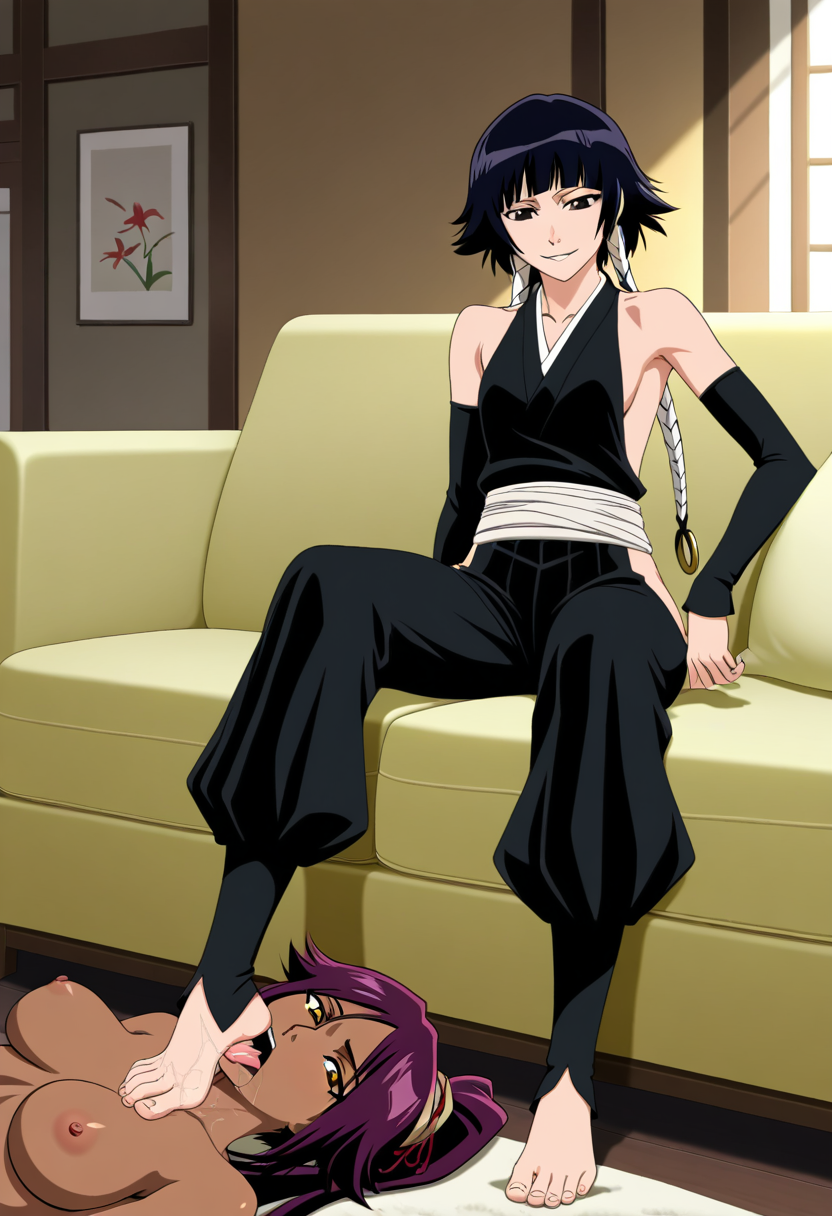 ai_generated big_breasts black_hair bleach dark-skinned_female feet female female_only foot_fetish foot_in_face high_quality high_resolution licking_foot light-skinned_female living_room nipples on_couch on_floor ponytail purple_hair shihouin_yoruichi sitting small_breasts soifon submissive sui-feng toes