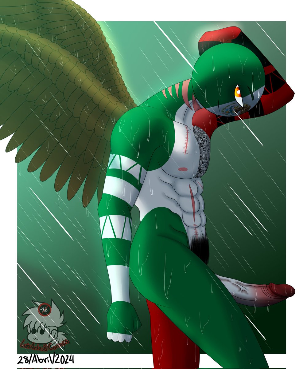 countryhumans erect_penis luisartz_(artist) markings mexico_(countryhumans) multicolored_body multicolored_skin pubic_hair raining scars tagme tattoo_on_chest watermark wings