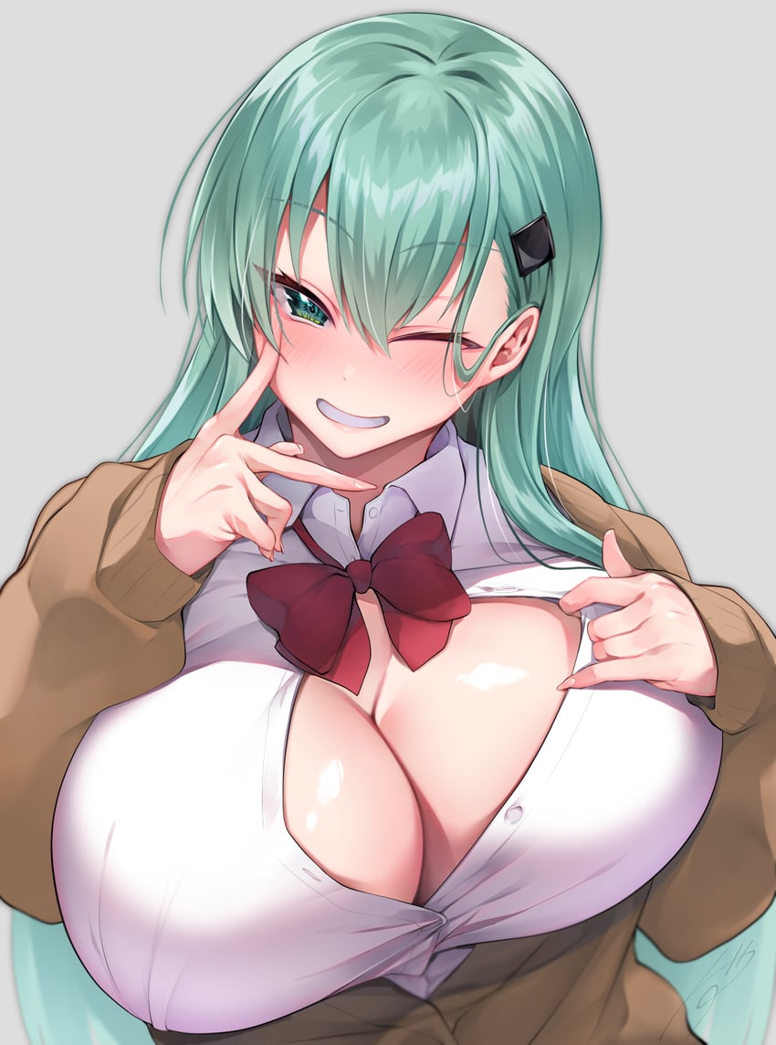 aqua_hair blazer blush bow bowtie breasts brown_jacket chikage_(blackclownery) cleavage female green_eyes grey_background grin hair_ornament hairclip highres huge_breasts jacket kantai_collection long_hair looking_at_viewer one_eye_closed open_clothes open_shirt red_bow red_bowtie shirt simple_background smile solo suzuya_(kantai_collection) suzuya_kai_ni_(kantai_collection) white_shirt