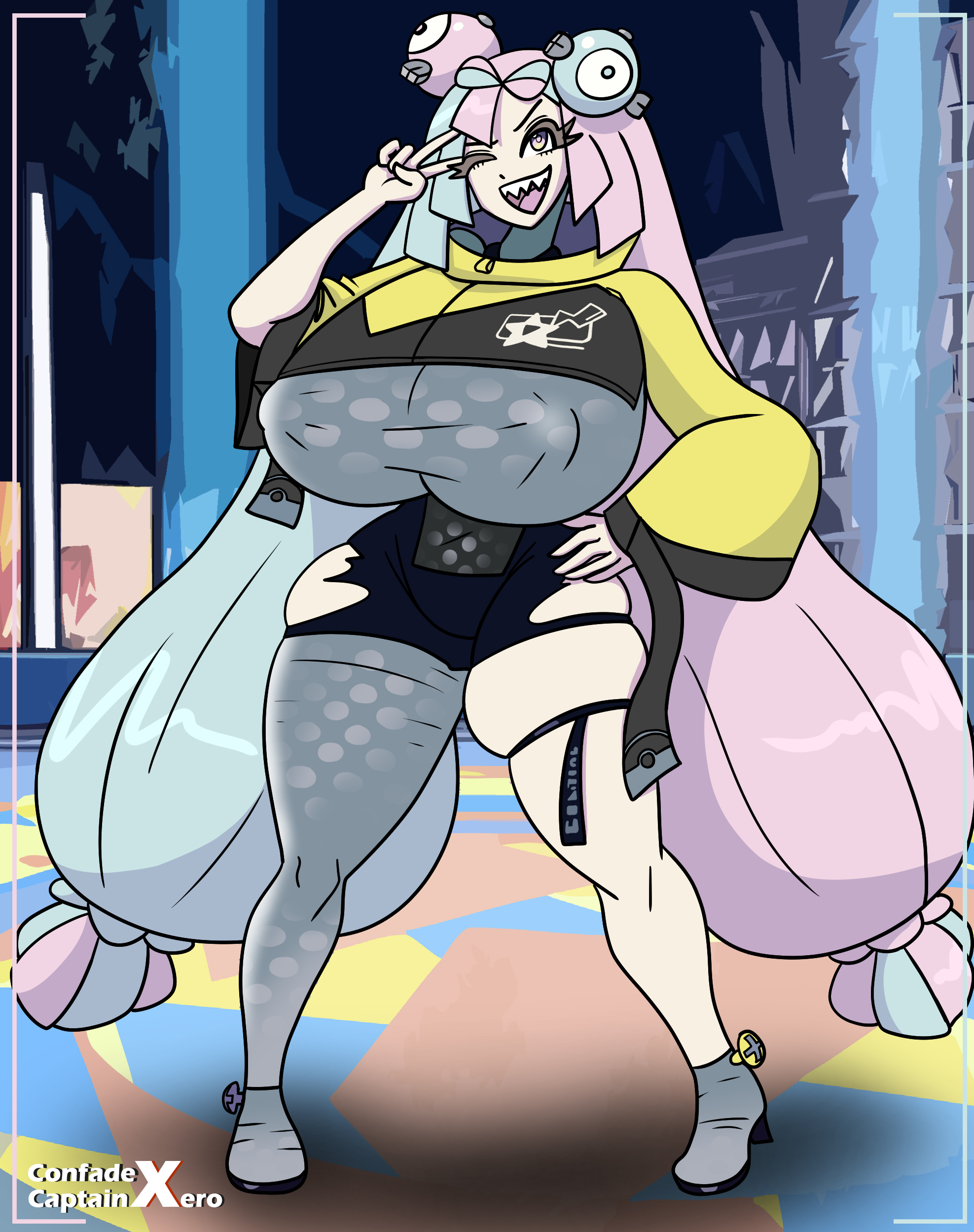 ass expansion, body growth, body growth (enlargement), breast expansion, breast growth, breast growth (enlargement), breasts, capnxero, expansion, expansion sequence, female, giantess, gigantic breasts, iono (pokemon), nipple bulge, one eye closed, peace sign, pokemon, pokemon sv, ripped clothing, sequence, sharp teeth, smile, thick thighs, thigh expansion, v, wide hips