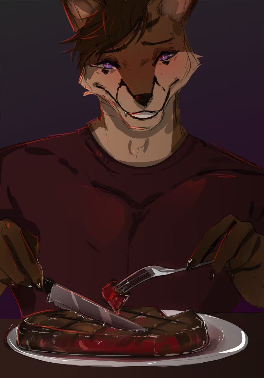 5_fingers anthro beef blood bodily_fluids brown_body brown_fur brown_hair canid canine canis cannibalism clothed clothing cutlery dinner dinner_table eyebrows fingers food fork fox fur furniture hair hi_res holding_fork holding_knife holding_object kais_(yourumi) kitchen_knife kitchen_utensils knife laugh looking_at_viewer male mammal meat open_mouth open_smile plate purple_eyes red_clothing red_shirt red_topwear shirt simple_background smile solo steak table teeth tools topwear yourumi