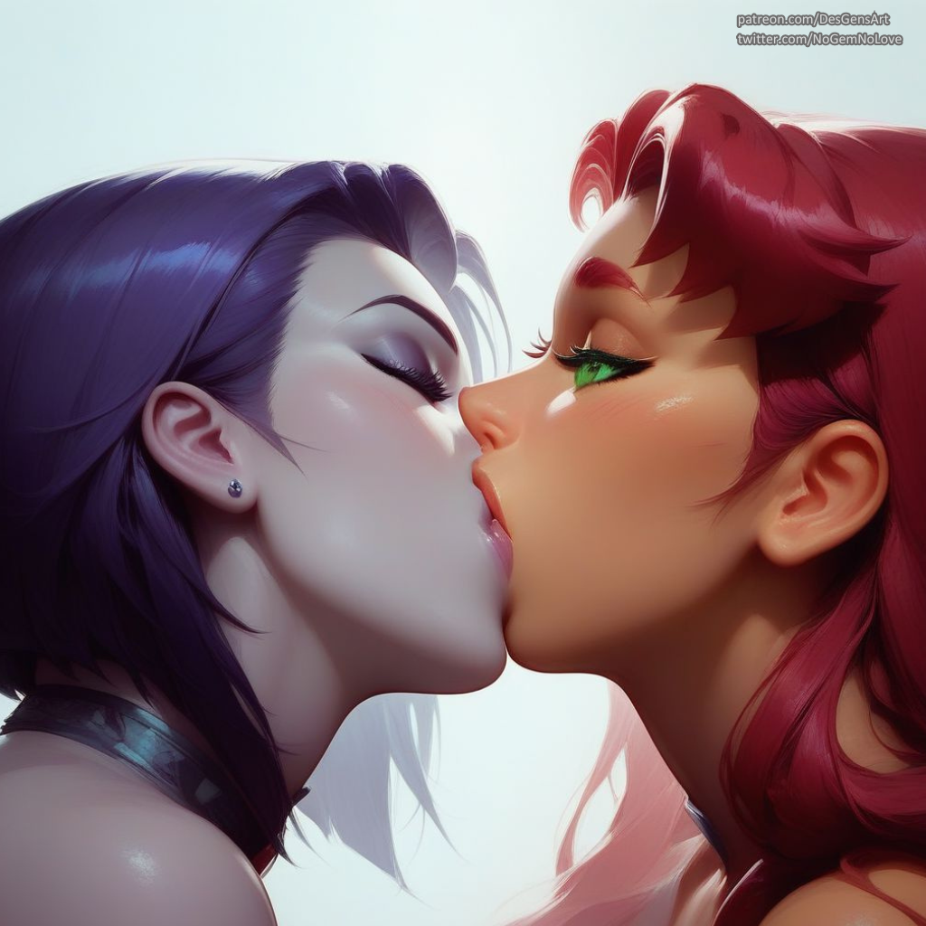 2girls ai_generated close-up dc_comics deep_kissing desgens female female_only french_kiss kissing multiple_girls raven_(dc) simple_background starfire teen_titans yuri