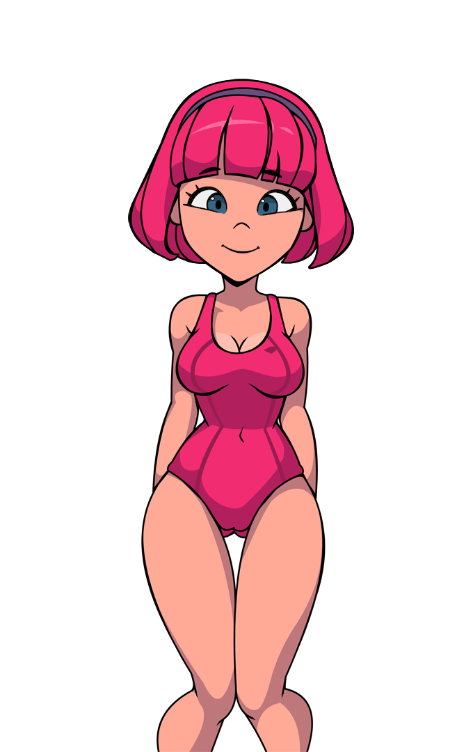 alpha_channel ass ass_visible_through_thighs bangs blue_eyes bob_cut breasts camp_pinewood camp_pinewood_remix cg cleavage eyebrows eyebrows_visible_through_hair eyelashes for_sticker_use game_cg hairband large_breasts lazytown navel one-piece_swimsuit pink_hair pink_one-piece_swimsuit png short_hair small_waist smile stephanie_meanswell sticker_template swimsuit thighs transparent_background transparent_png wide_hips