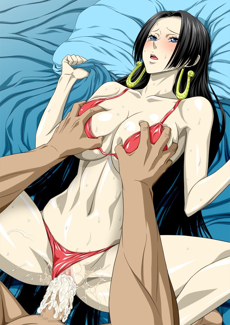 1boy, 1girls, black hair, black-haired female, boa hancock, censored, earrings, female, female focus, long hair, male, missionary position, nel-zel formula, one piece, red bra, red panties, unseen male face