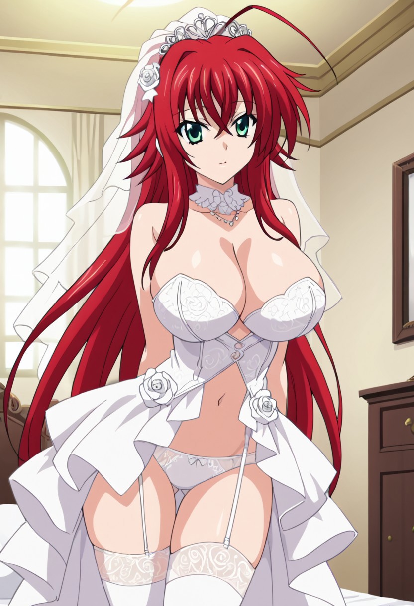 ai_generated big_ass big_breasts breasts enormous_breasts girlfriend green_eyes high_school_dxd large_ass large_breasts large_legs long_hair red_hair rias_gremory soft_heat stockings wedding_dress