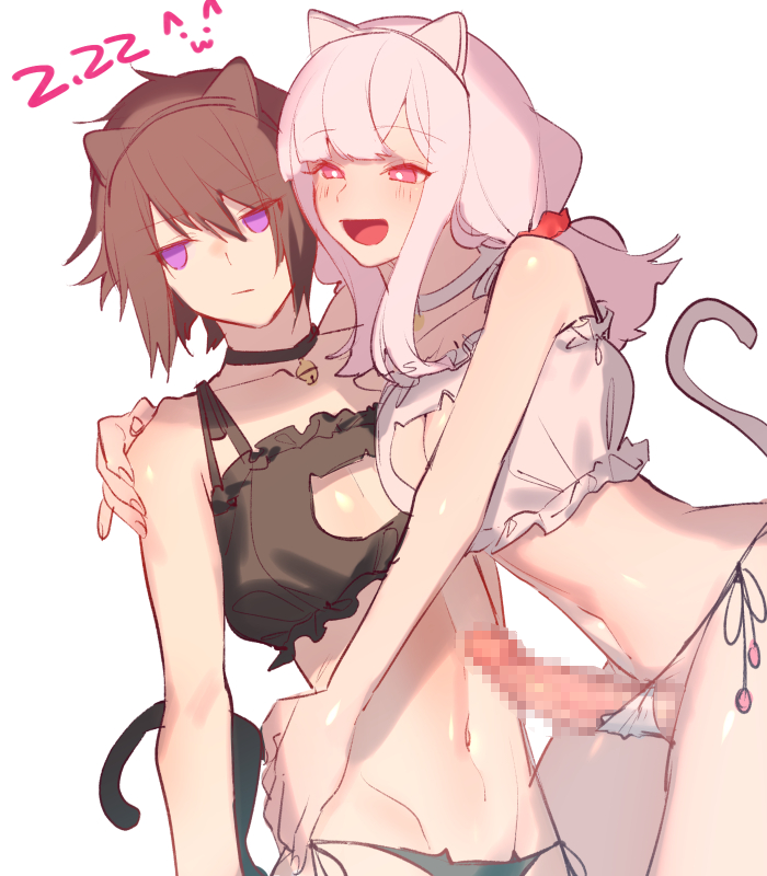 1boy 1futa :d animal_ears bell big_penis black_bra black_choker black_panties blush bra breasts bright_pupils brown_hair cat_cutout cat_ear_panties cat_ears cat_lingerie cat_tail censored choker cleavage cleavage_cutout clothed clothing clothing_cutout crossdressing erection fake_animal_ears fake_tail femboy frilled_bra frills futa_on_male futa_with_male futanari hair_ribbon hand_on_another's_hip hand_on_another's_shoulder hug human jingle_bell light-skinned_futanari light-skinned_male light_skin long_hair low_twintails male medium_breasts meme_attire mirin_chikuwa mosaic_censoring mostly_nude navel neck_bell original otoko_no_ko panties penis pink_eyes pink_hair purple_eyes red_ribbon ribbon side-tie_panties simple_background smile standing string_panties tail twintails underwear underwear_only white_background white_bra white_choker white_hair white_panties white_pupils