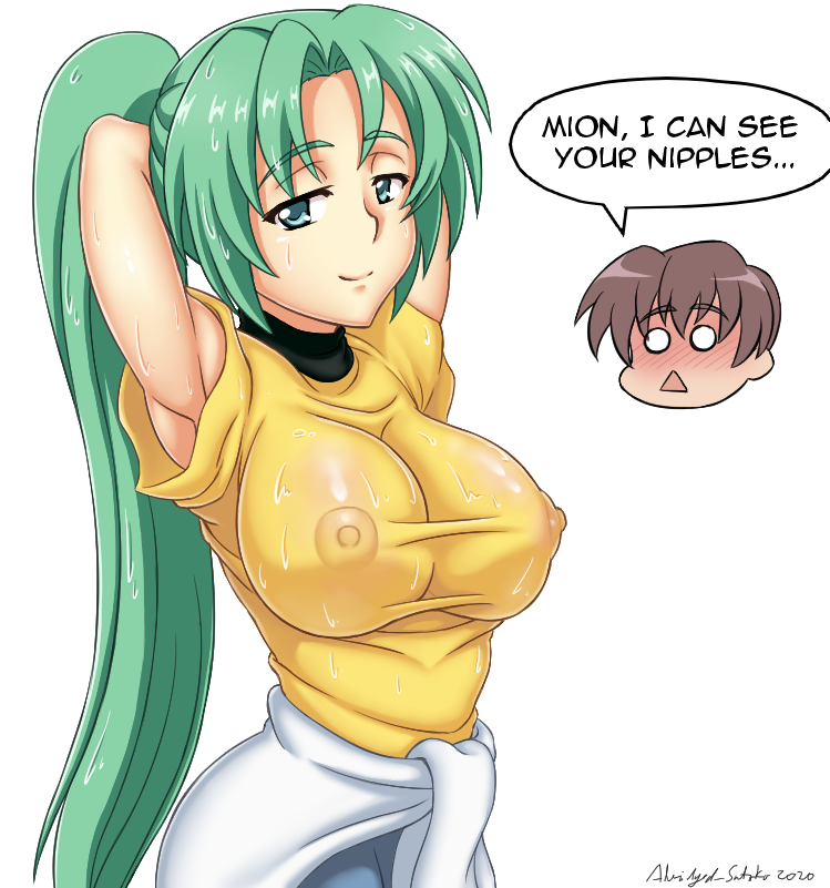 07th_expansion 1boy 1girls abridged-satoko armpits arms_behind_head arms_up big_breasts breasts female green_eyes green_hair higurashi_no_naku_koro_ni huge_breasts keiichi_maebara large_breasts mion_sonozaki nipples nipples_visible_through_clothing ponytail seductive seductive_smile shirt smile wet_clothes