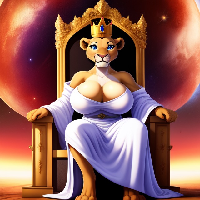 ai_generated big_breasts breasts feline female female_furry furry god goddess lion lioness space thick throne white_robe xira