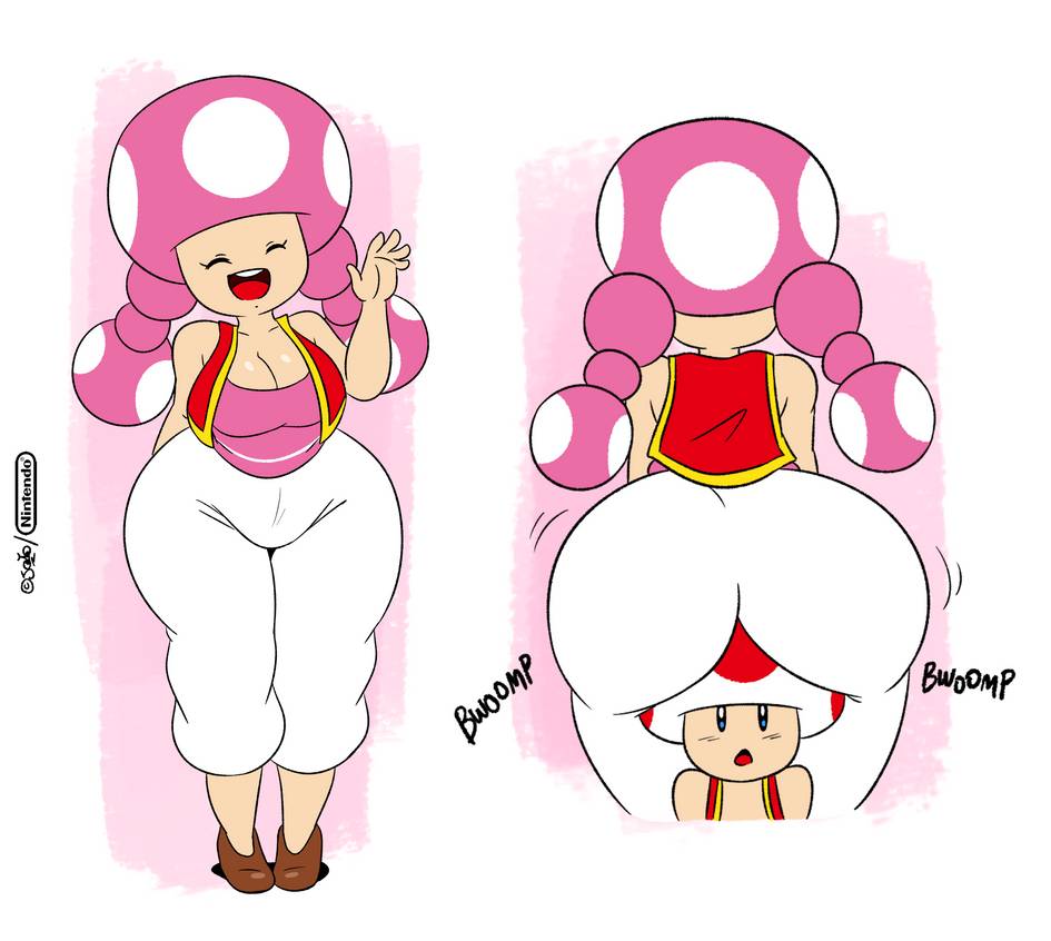1boy, 1girls, ambiguous background, ass, breasts, cleavage, clothing, cropped, cropped image, facesitting, female, female focus, full body, happy, huge breasts, joaoppereiraus, large ass, large breasts, male, mario (series), motion lines, nintendo, open mouth, simple background, smaller male, smile, standing, thick thighs, thighs, toad (mario), toadette