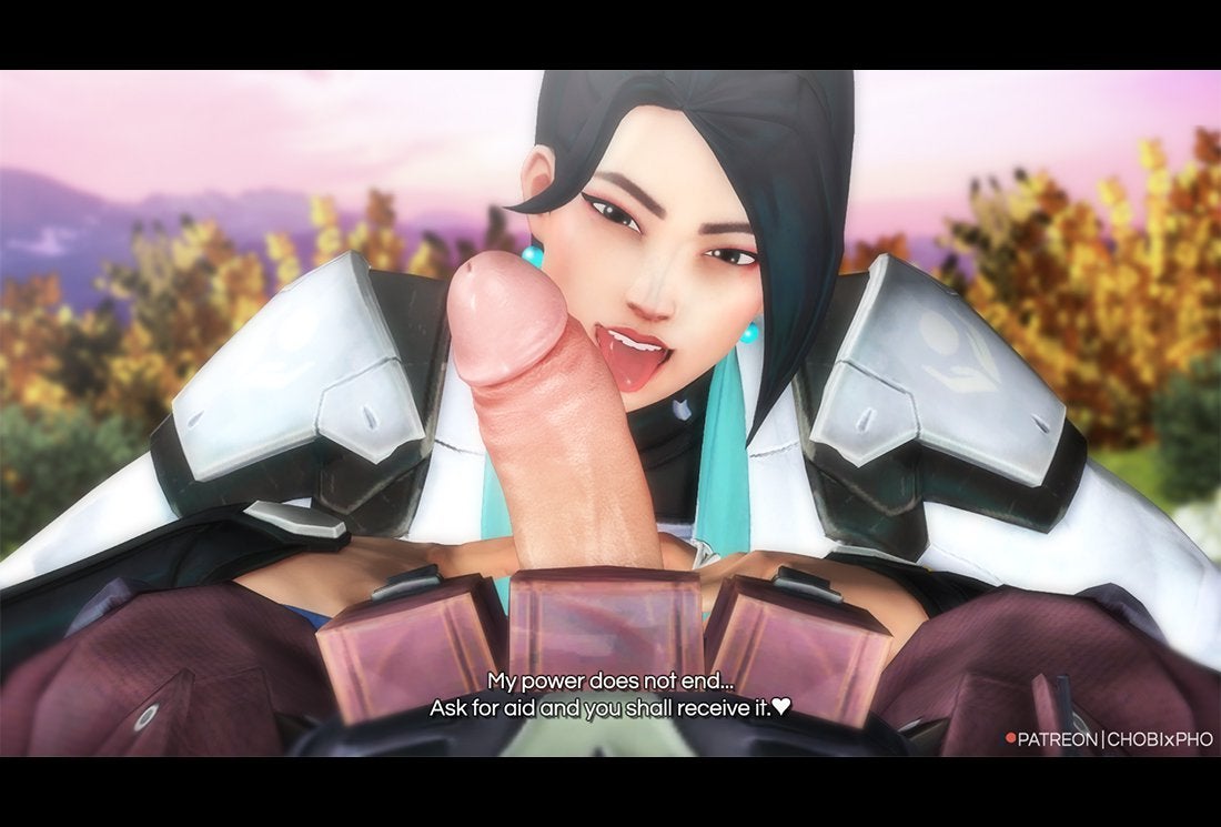 1boy, 1girls, 3d, black hair, blowjob, female, licking, looking at viewer, male, open mouth, penis, riot games, sage (valorant), sova (valorant), sucking, thick penis, valorant, video game character