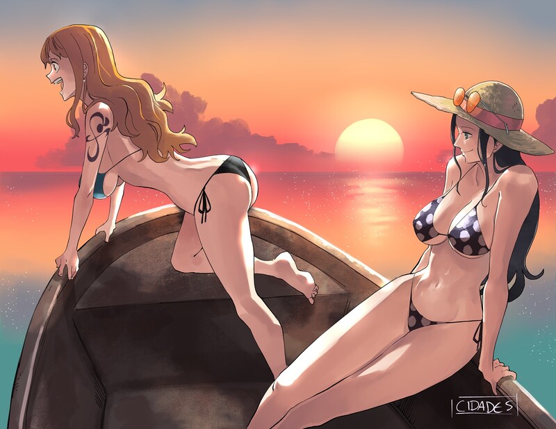 2girls bikini black_tattoo diogocidades1 female female_only long_hair multiple_girls nami nami_(one_piece) nico_robin one_piece orange_hair post-timeskip tagme tattoo