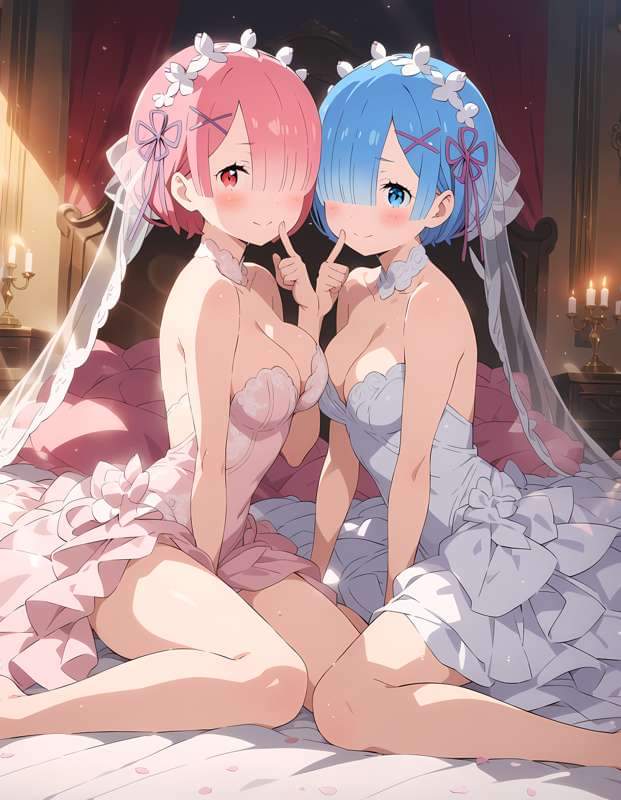 ai generated, blue eyes, female, pink hair, ram (re:zero), re:zero kara hajimeru isekai seikatsu, red eyes, rem (re:zero), wedding dress