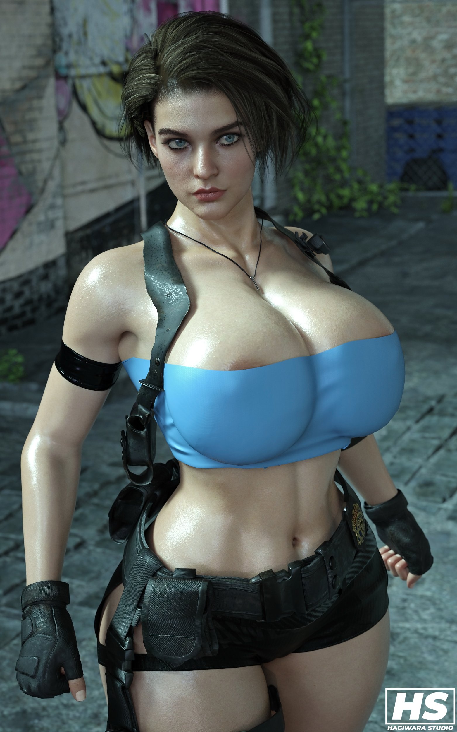 1girls, 3d, ass, big ass, big breasts, blue eyes, booty shorts, breasts, brown hair, capcom, curvaceous, female, female only, gun, hagiwara studio, jill valentine, jill valentine (sasha zotova), large breasts, resident evil, resident evil 3, resident evil 3 remake, short shorts, shorts, solo, tagme, thick thighs, tubetop