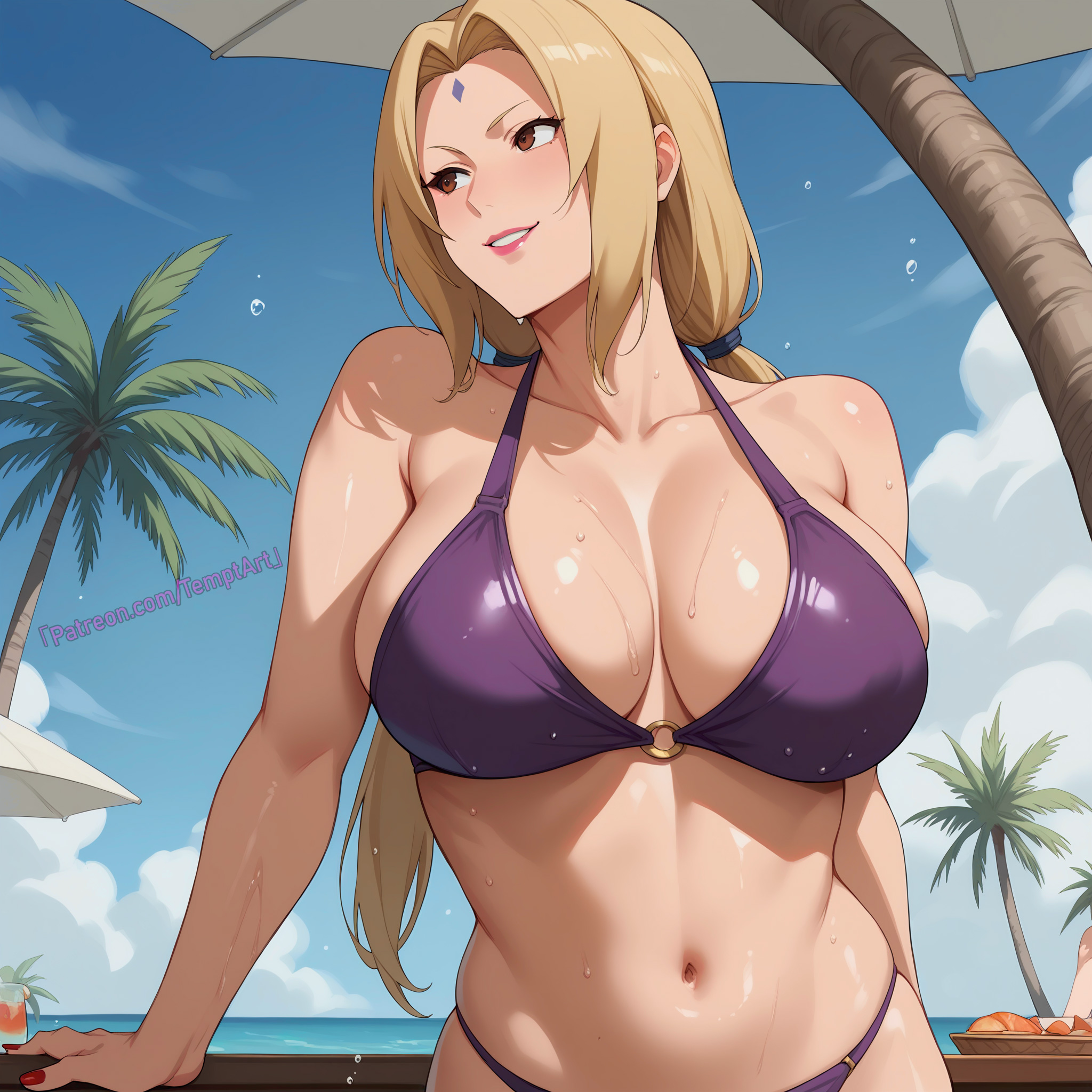 1girls, ai generated, arm support, beach, big breasts, bikini, bikini bottom, bikini top, blonde hair, boruto: naruto next generations, breasts, brown eyes, cleavage, colored nails, commentary, female, female focus, fingernails, highleg, highleg bikini, huge breasts, large breasts, light skin, light-skinned female, lipstick, looking away, looking to the side, makeup, mature, mature female, milf, mommy, nai diffusion, nail polish, naruto, naruto (classic), naruto (series), naruto shippuden, naruto: the last, navel, oppai, palm tree, red nail polish, revealing swimsuit, sagging breasts, seaside, shiny, shiny hair, shiny skin, skimpy, skimpy bikini, smile, stable diffusion, swimsuit, temptart, text, tsunade, twintails, upper body, url, voluptuous, voluptuous female, watermark, web address