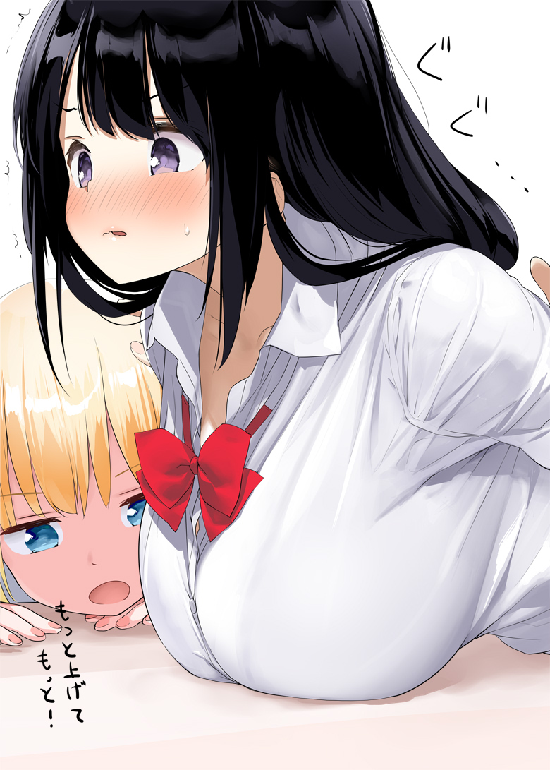 2020 2girls black_hair blonde_hair blue_eyes blush bow bowtie breasts dress_shirt female female_only highres huge_breasts japanese_text kaisen_chuui long_hair long_sleeves looking_at_breasts multiple_girls open_mouth original purple_eyes red_bow red_neckwear school_uniform shirt simple_background sweatdrop text translated trembling white_background