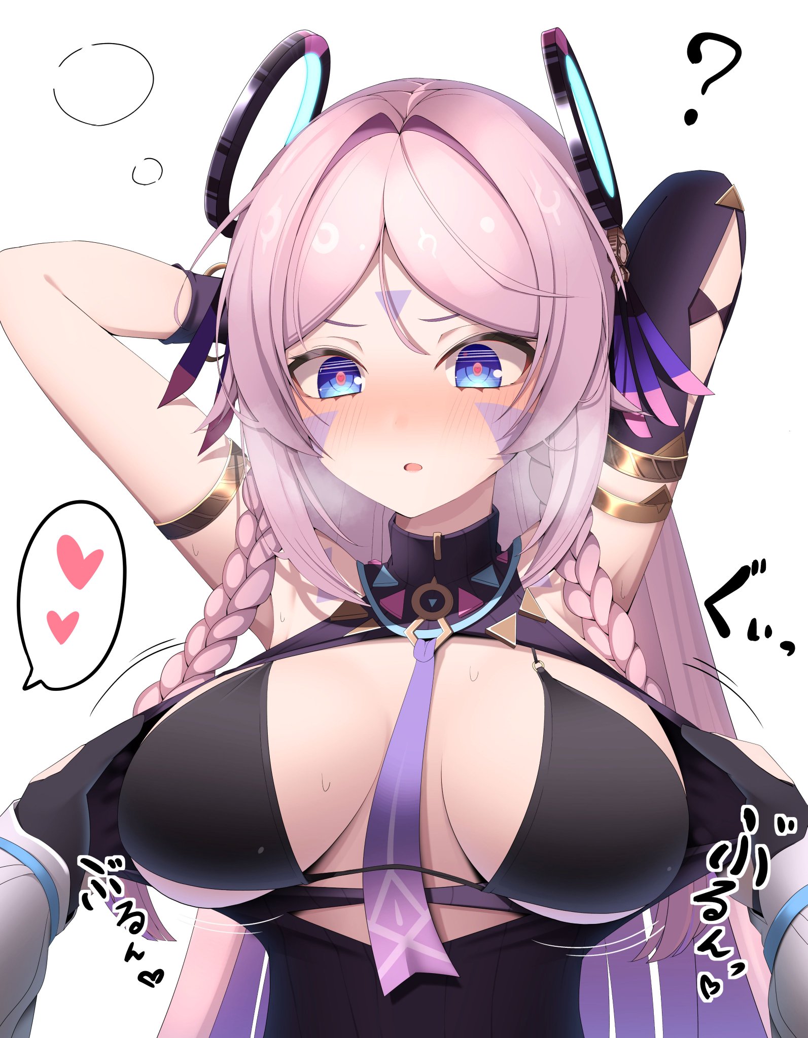 2girls, arms up, big breasts, blue eyes, breasts, citlali (genshin impact), female, female only, genshin impact, lumine (genshin impact), pink hair, surprised, undressing another, yuri