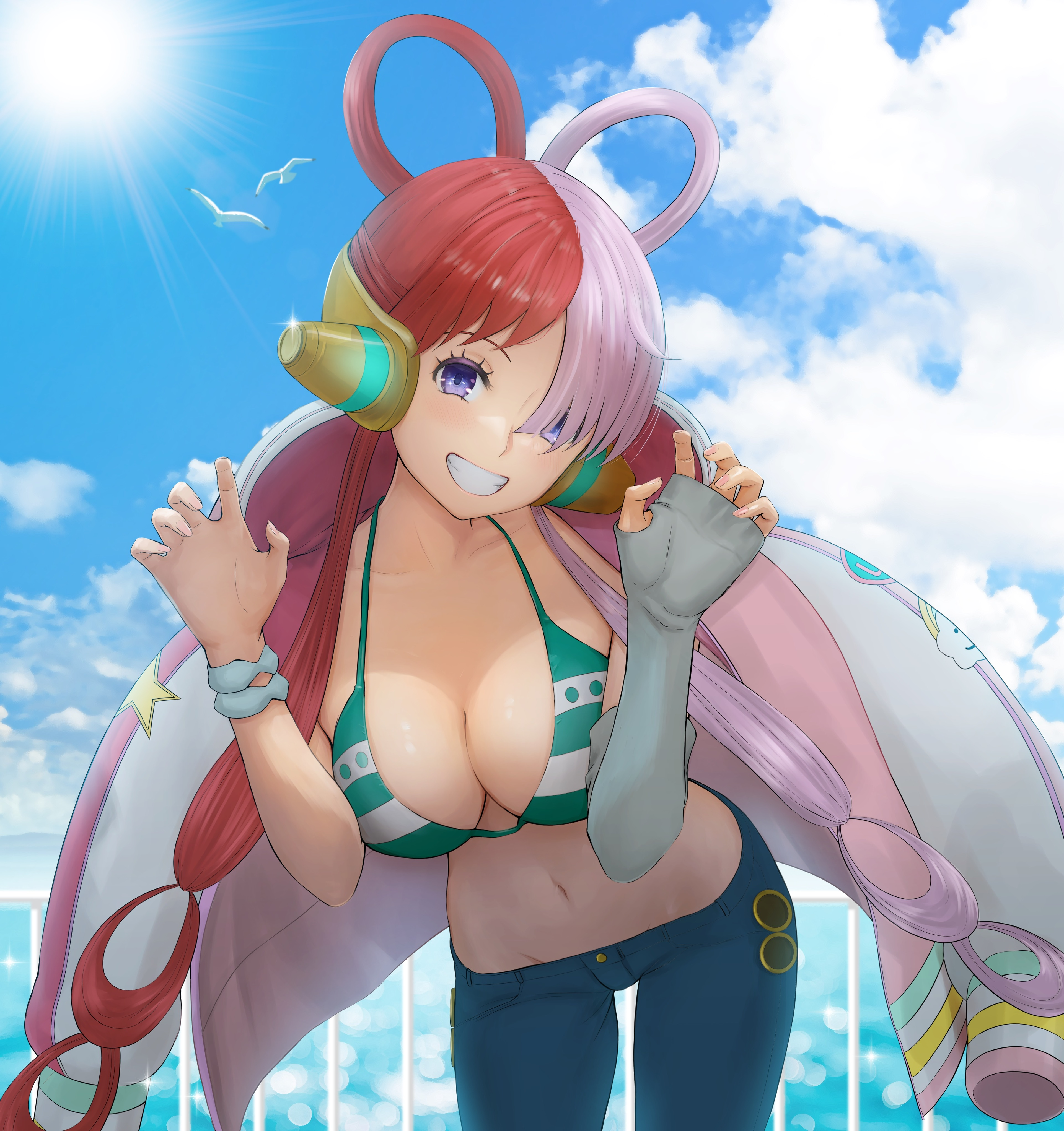 1girls, artist request, big breasts, bikini, bikini top, blue sky, breasts, cleavage, cloud, cosplay, female, female only, hi res, highres, jeans, large breasts, long hair, looking at viewer, multicolored hair, nami (one piece) (cosplay), one piece, purple eyes, red hair, red-haired female, smile, sunshine, two-tone hair, uta (one piece), white hair, white-haired female