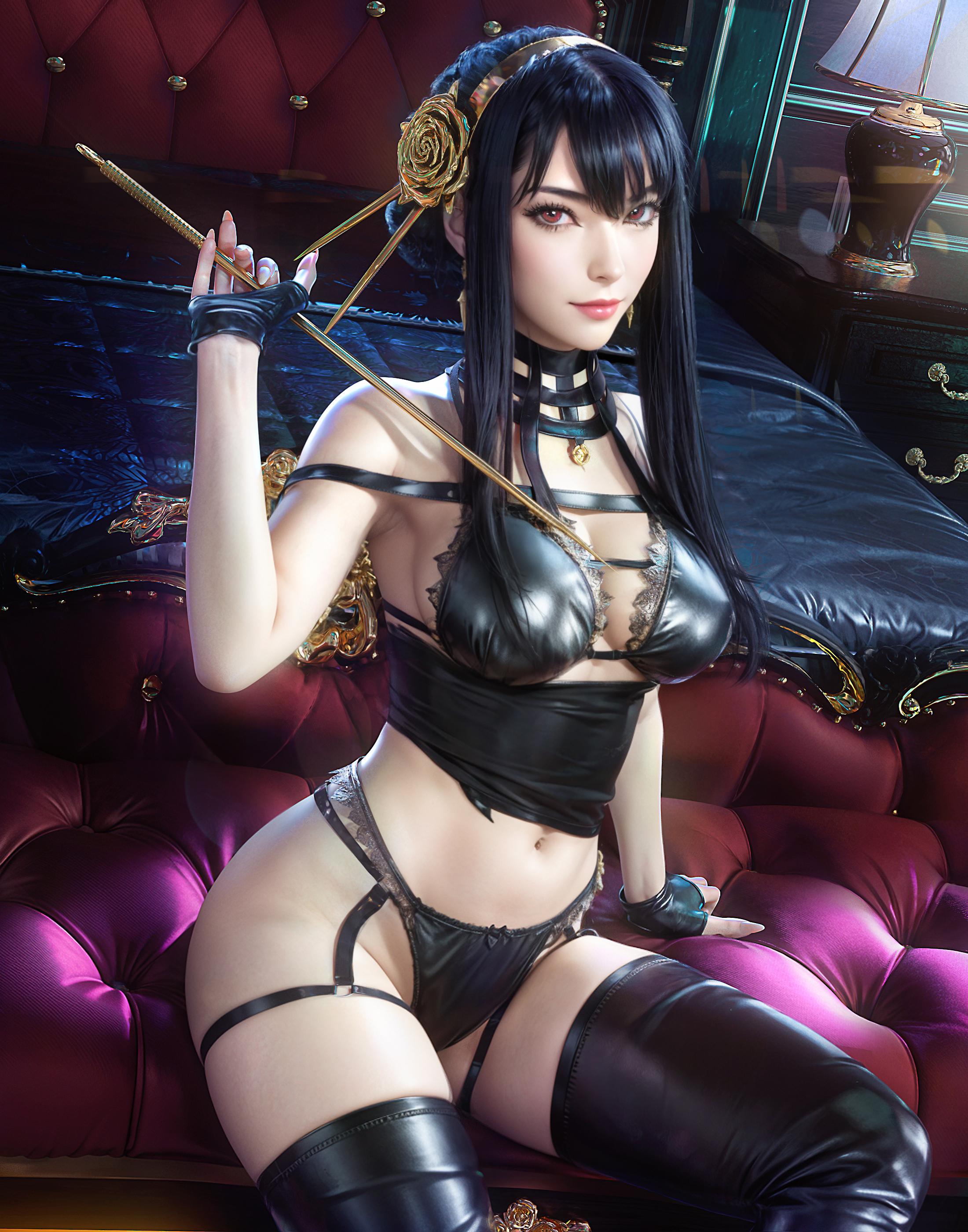 1girls, 3d, 3d model, absurd res, absurdres, arm support, asian, asian female, assassin, athletic, athletic female, bangs, bare arms, bare shoulders, bed, bedroom, bedroom setting, big breasts, bikini, black bikini, black bra, black clothes, black clothing, black collar, black garter belt, black gloves, black hair, black panties, black thigh boots, black underwear, bra, breasts, busty, cleavage, clothed, clothed female, clothing, collar, earrings, female, female human, female only, fingerless gloves, fingernails, fit, fit female, french nails, garter belt, gloves, gold earrings, gold hairband, hair tied, hair up, hairband, high resolution, highres, human, indoors, large breasts, light skin, light-skinned female, lingerie, long hair, looking at viewer, makeup, mature, mature female, milf, mother, navel, on bed, panties, pinup, red eyes, red lips, red lipstick, red sofa, sevenbees, sidelocks, sitting on bed, slight smile, slim female, slim waist, smile, sofa, solo, spy x family, stiletto (weapon), stomach, thick thighs, thigh boots, thighs, thorn princess, torn clothes, underwear, yor briar, yor forger