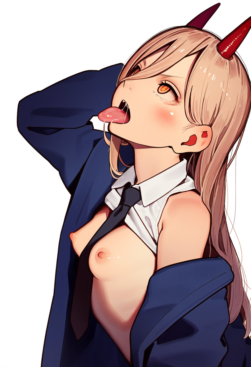 ai_generated blush chainsaw_man devil_horns female from_side hand_behind_head jacket light_blonde_hair looking_up open_mouth partially_clothed power_(chainsaw_man) revealing_clothes ringed_eyes saliva skinny small_breasts solo tie tongue tongue_out white_background yellow_eyes