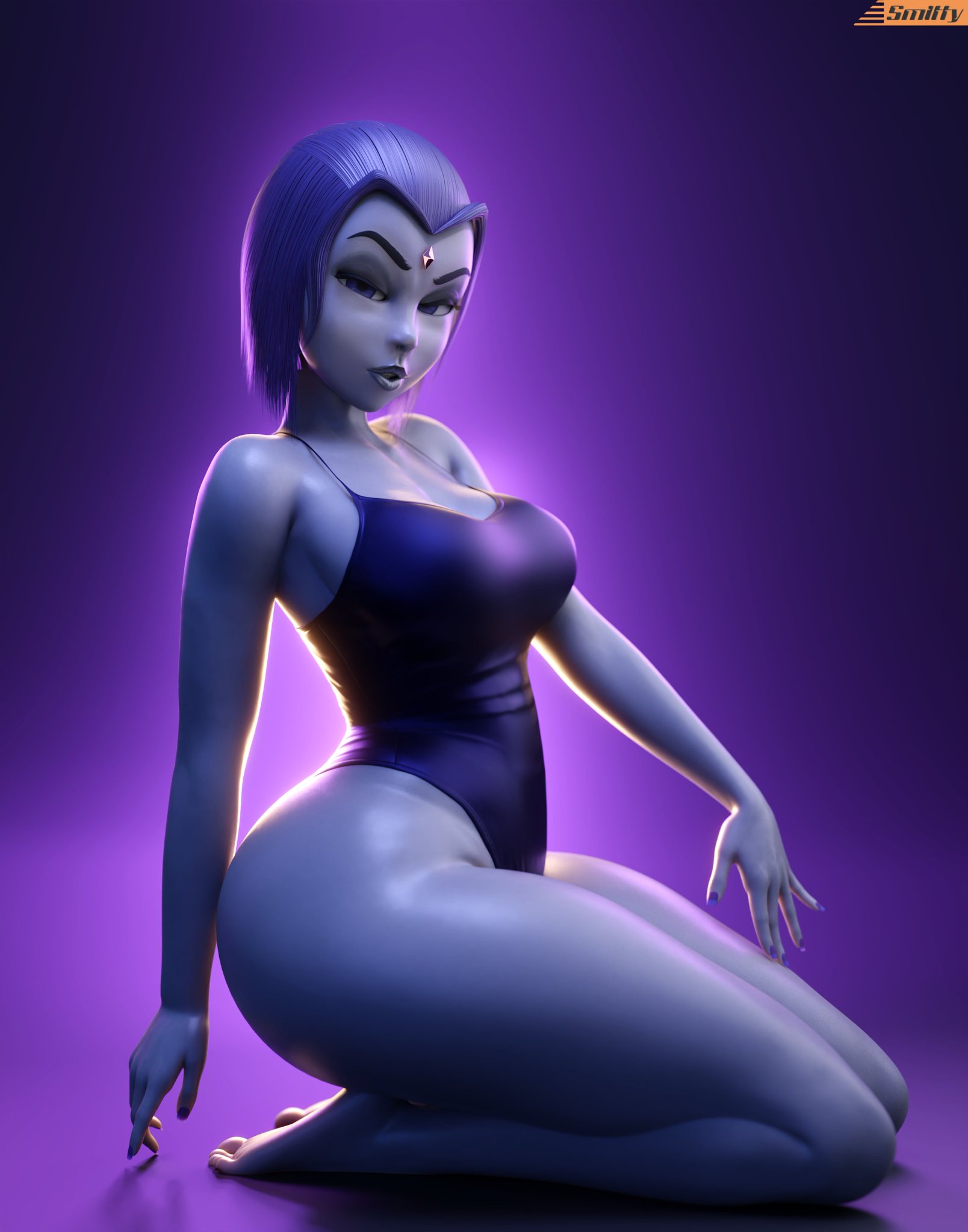 1girls, 3d, artist name, ass, big ass, big breasts, breasts, busty, curvaceous, curvy, curvy figure, dc, dc comics, digital media, fat ass, female, female only, forehead jewel, grey skin, half demon, hero, heroine, hips, hourglass figure, knees, large ass, large breasts, legs, light skin, light-skinned female, lips, low res, lowres, on knees, one-piece swimsuit, pale skin, pale-skinned female, perfect legs, pose, posing, raven (dc), shiny skin, smitty34, solo, teen titans, thick, thick hips, thick legs, thick thighs, thighs, thighs together, top heavy, voluptuous, voluptuous female
