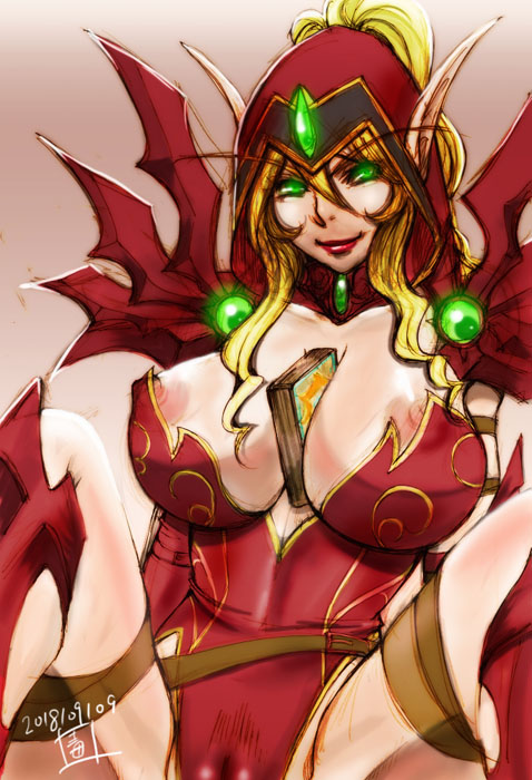 big_breasts blizzard_entertainment blonde_hair blood_elf green_eyes huge_breasts light-skinned_female light_skin nipple_slip solo valeera_sanguinar warcraft world_of_warcraft