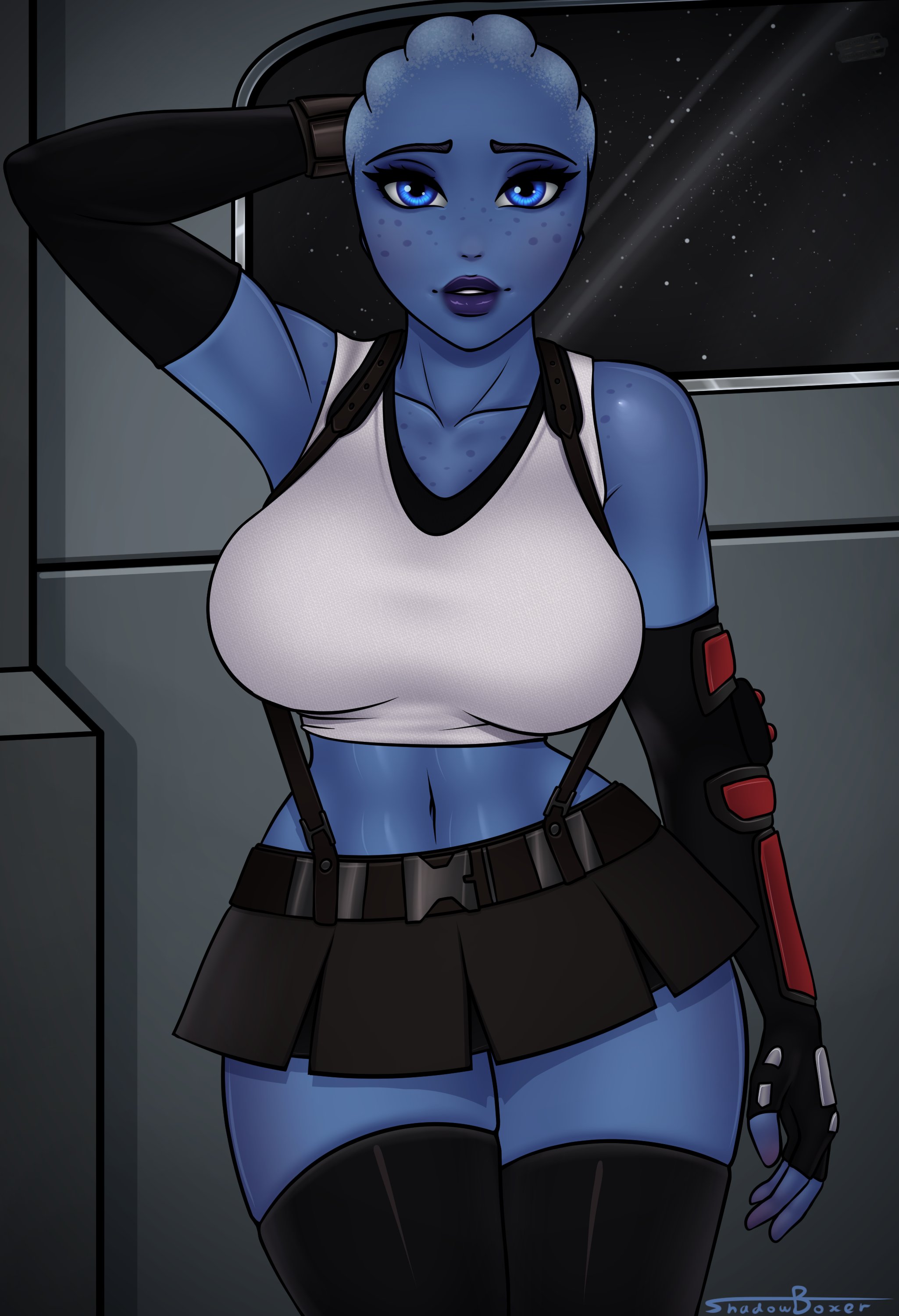 1girls, asari, big breasts, breasts, cosplay, female, female only, final fantasy, final fantasy vii, large breasts, liara t'soni, looking at viewer, mass effect, shadowboxer, solo, thick thighs, thunder thighs, tifa lockhart, tifa lockhart (cosplay), wide hips