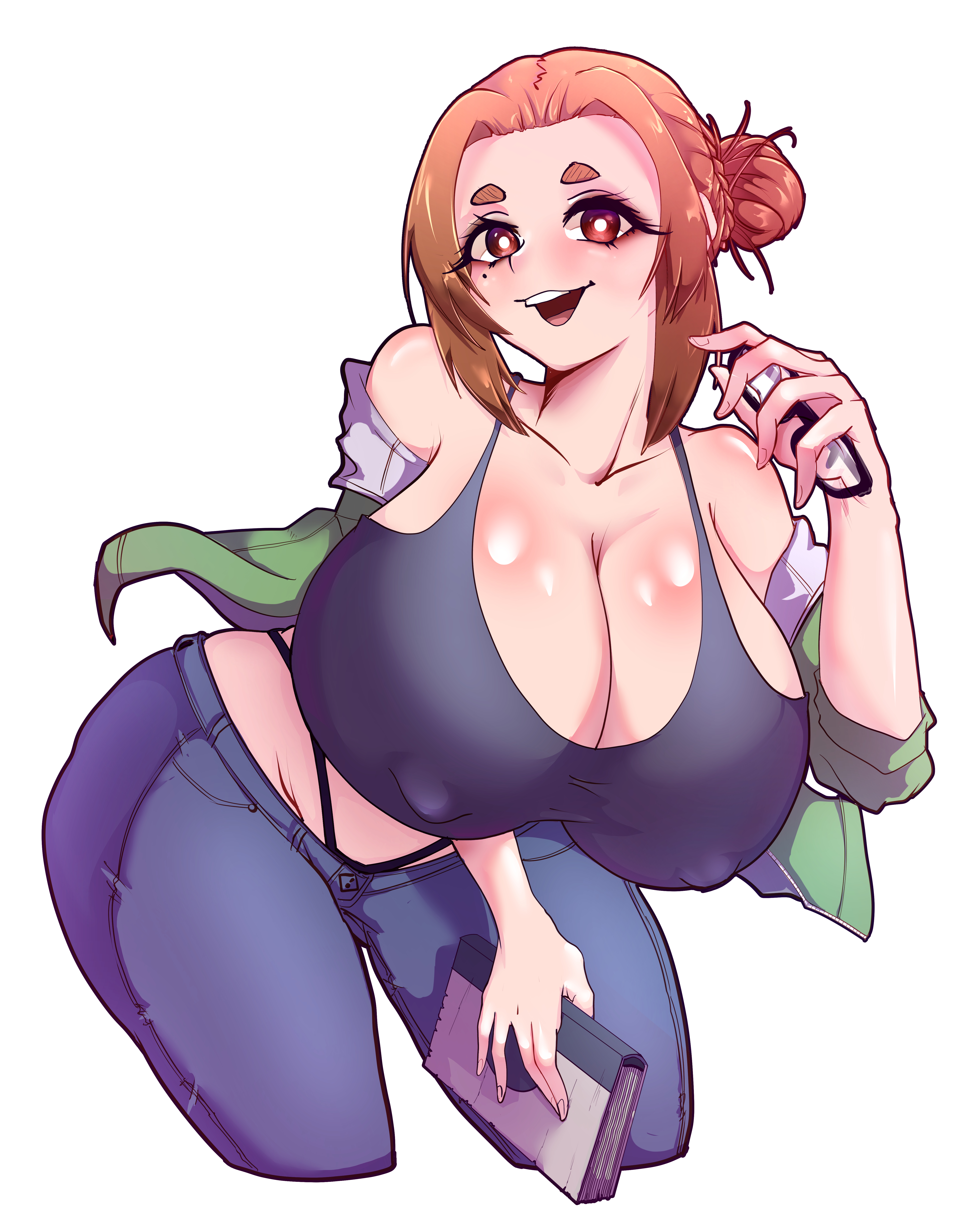 1girls, big breasts, book, breasts, brown hair, busty, cleavage, curvaceous, curvy, curvy body, curvy female, curvy figure, female, glasses, huge breasts, kaii to otome to kamikakushi, large breasts, miyako noh, mole, mole under eye, ogawa sumireko, short eyebrows, small eyebrows, voluptuous, white background
