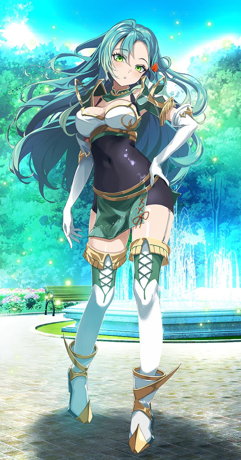 1girls aqua_hair bench blush boots breasts chloe_(fire_emblem) cleavage covered_navel elbow_gloves female female_only fire_emblem fire_emblem_engage fountain full_body gloves green_eyes hair_between_eyes hand_on_own_hip highres long_hair looking_at_viewer medium_breasts nintendo outdoors park park_bench solo standing thighhighs tree tsukishiro_saika white_footwear white_gloves white_thighhighs