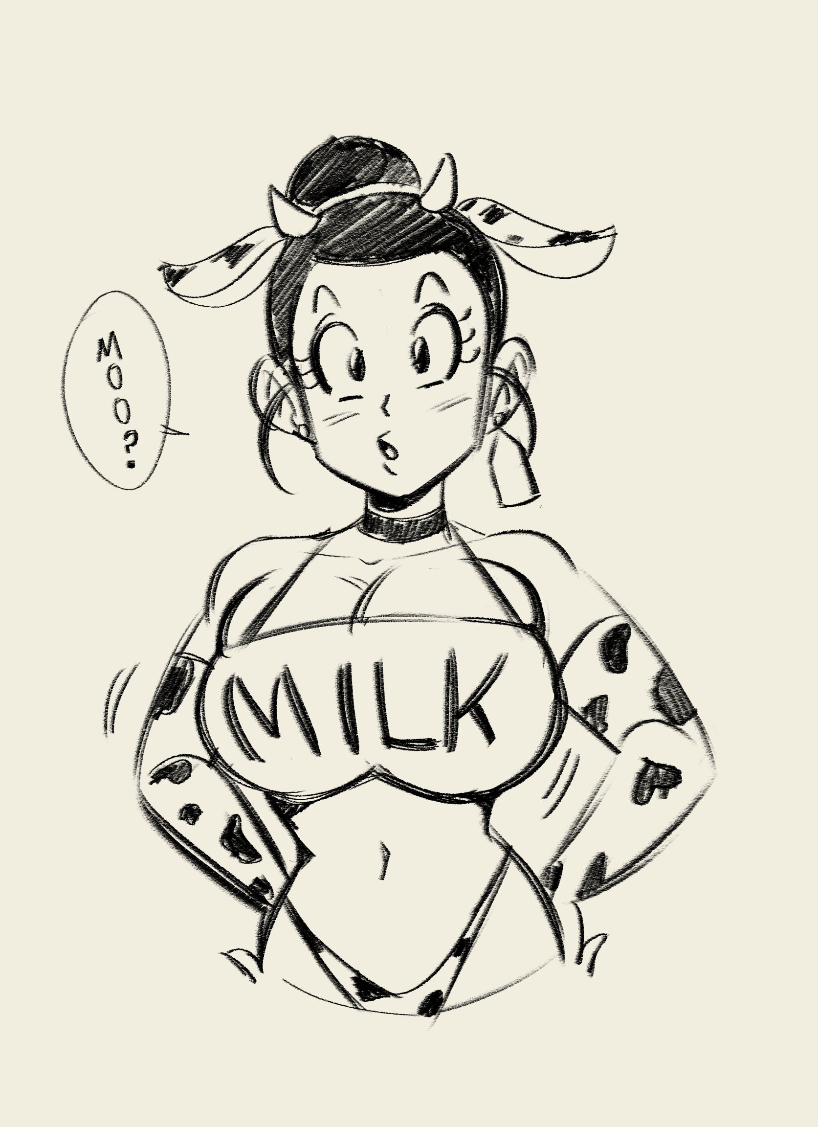 1girls, 2d, big breasts, bikini, black and white, breasts, busty, chichi, chichi (majin buu saga), choker, cleavage, cow ears, cow girl, cow print, curvy, dragon ball, dragon ball z, english text, female, funsexydragonball, hairbun, horns, milf, no penetration, sketch, solo, solo female, speech bubble, tag, uncolored