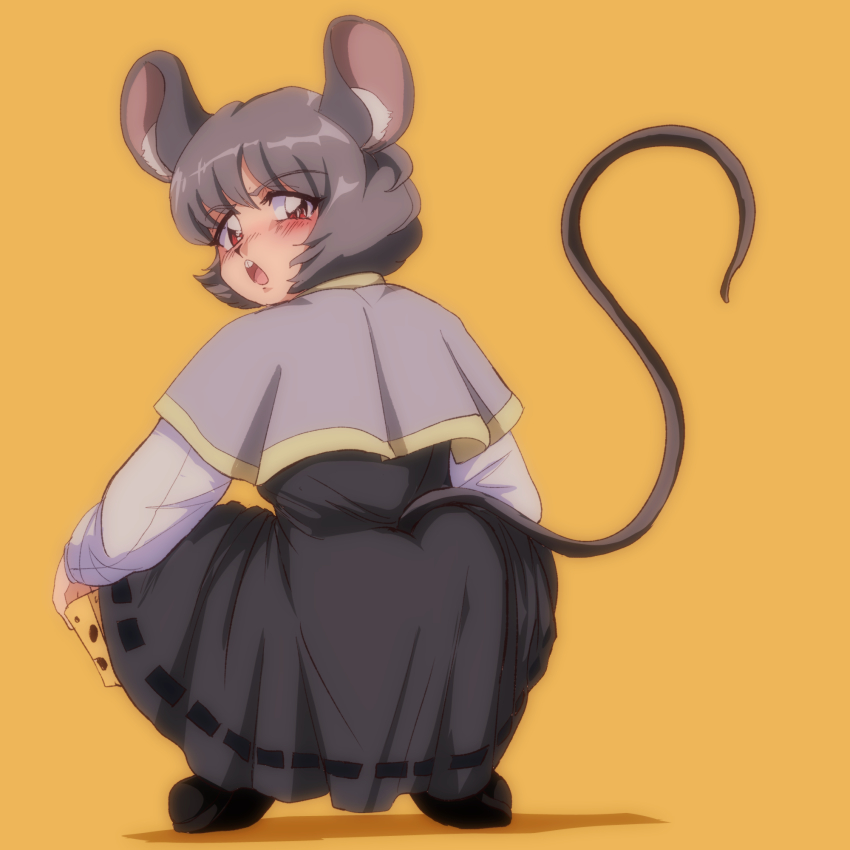 big_butt blush butt cheese dumpy embarrassed fat_ass holding_food looking_back mouse_ears mouse_girl mouse_tail nazrin red_eyes shirt shoes squatting step_arts tail touhou white_shirt