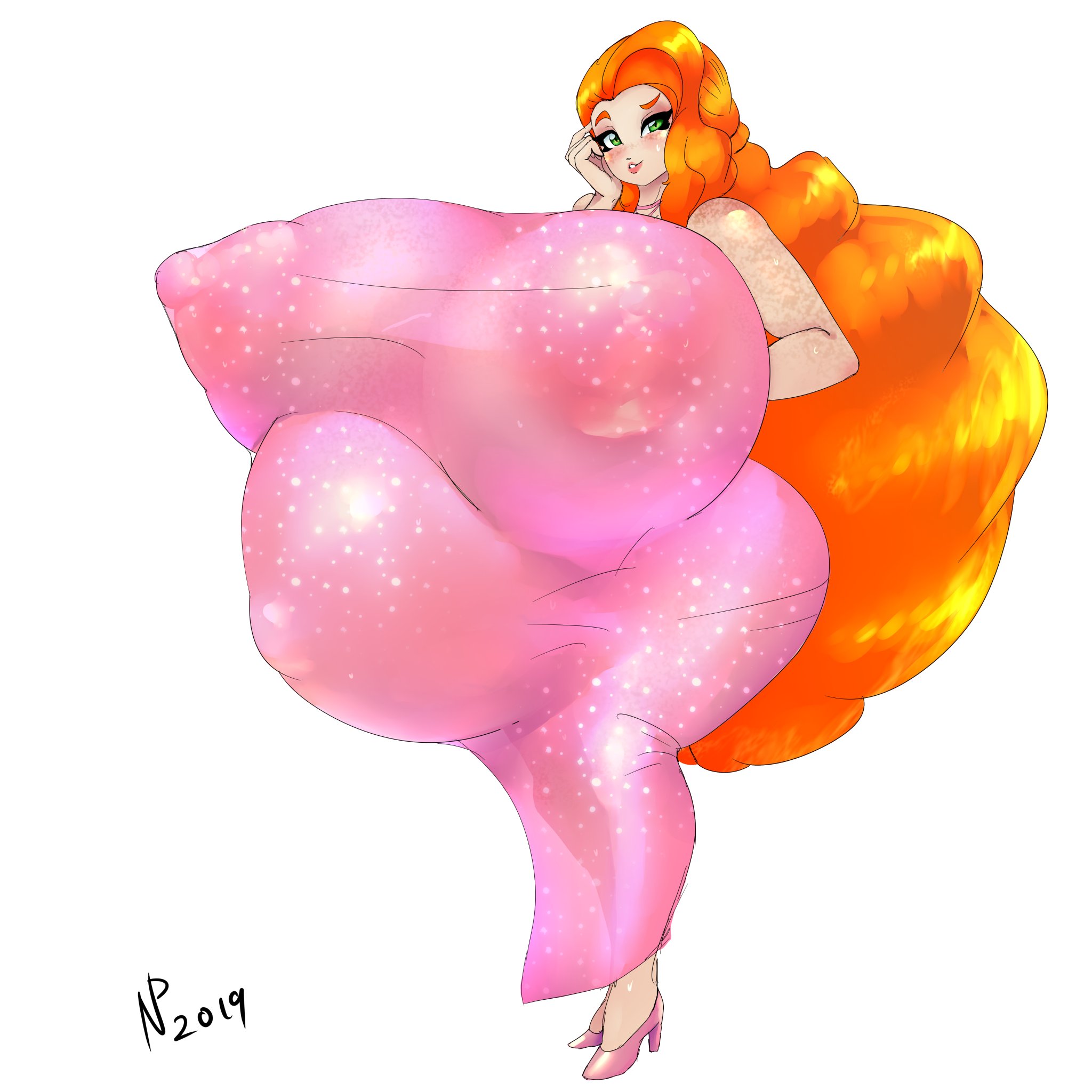 1girls, areolae, belly, big belly, big breasts, big hair, breasts, busty, curly hair, curvy, curvy body, curvy female, curvy figure, curvy hips, curvy thighs, dress, female, female only, gausscannon, gigantic breasts, green eyes, high heels, huge belly, huge breasts, hyper breasts, large breasts, large hair, lindsey mcallister, long hair, massive hair, nipples, orange hair, pink dress, pregnant, ready to pop, see-through, see-through clothing, smile, solo, thick hair, thick thighs, thighs, very long curly hair, very long hair, white background