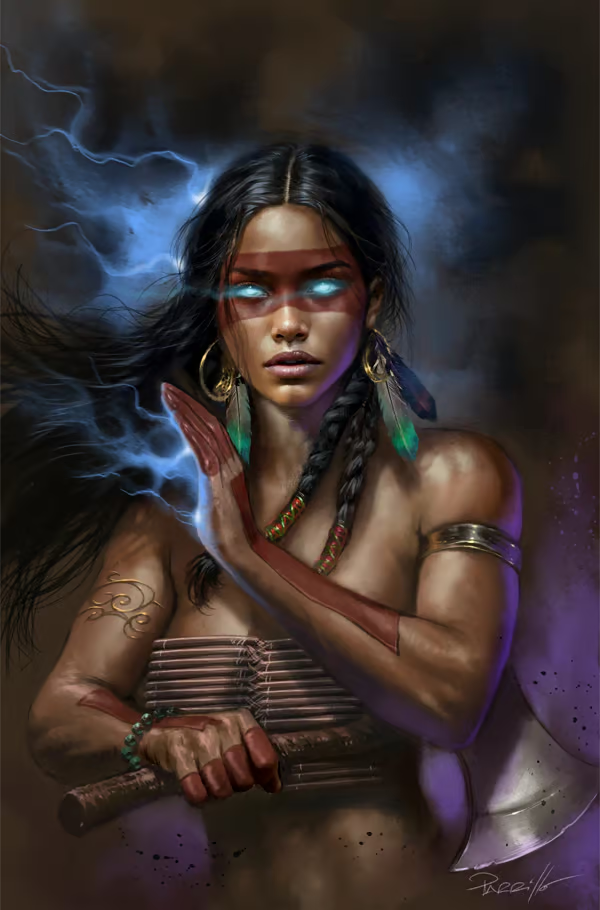 2d abstract_background armlet black_hair bracelet braid braided_hair braids brown brown_skin earrings feather_earrings feathers female female_only glowing_eyes gold_bracelet gold_earrings hatchet looking_at_viewer lucio_parrillo native_american skimpy war_paint wardance warrior warrioress weapon