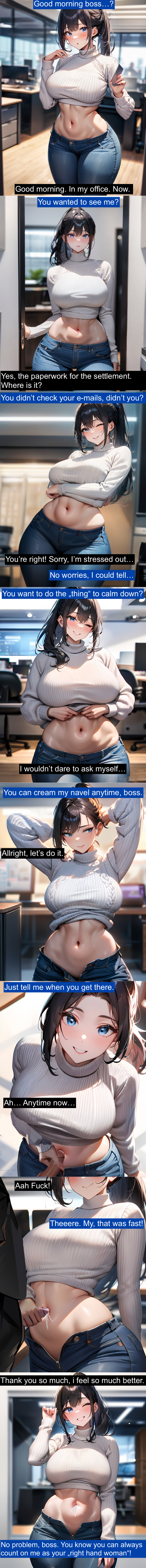 ai_generated black_hair blue_eyes boss broad_hips chubby cum_in_navel curvy cute deep_navel handjob navel_fetish navel_penetration navel_sex office office_lady ponytail pov pov_eye_contact white_sweater